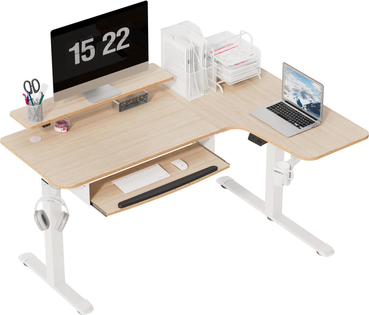 Main image of EUREKA ERGONOMIC 61" Standing Desk with Keyboard Tray, L Shaped Adjustable Standing Desk with Monitor Stand, Office Dual Motor Electric Stand Computer Desk, Stand Up Corner Desk, Maple Right