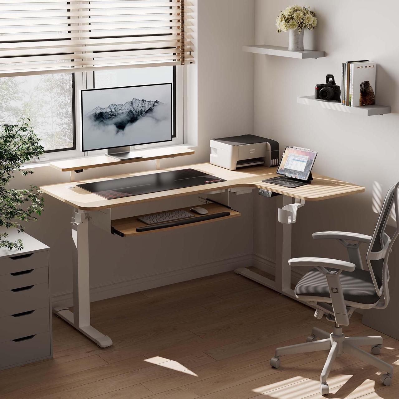 Alt view image 2 of 7 - EUREKA ERGONOMIC 61" Standing Desk with Keyboard Tray, L Shaped Adjustable Standing Desk with Monitor Stand, Office Dual Motor Electric Stand Computer Desk, Stand Up Corner Desk, Maple Right
