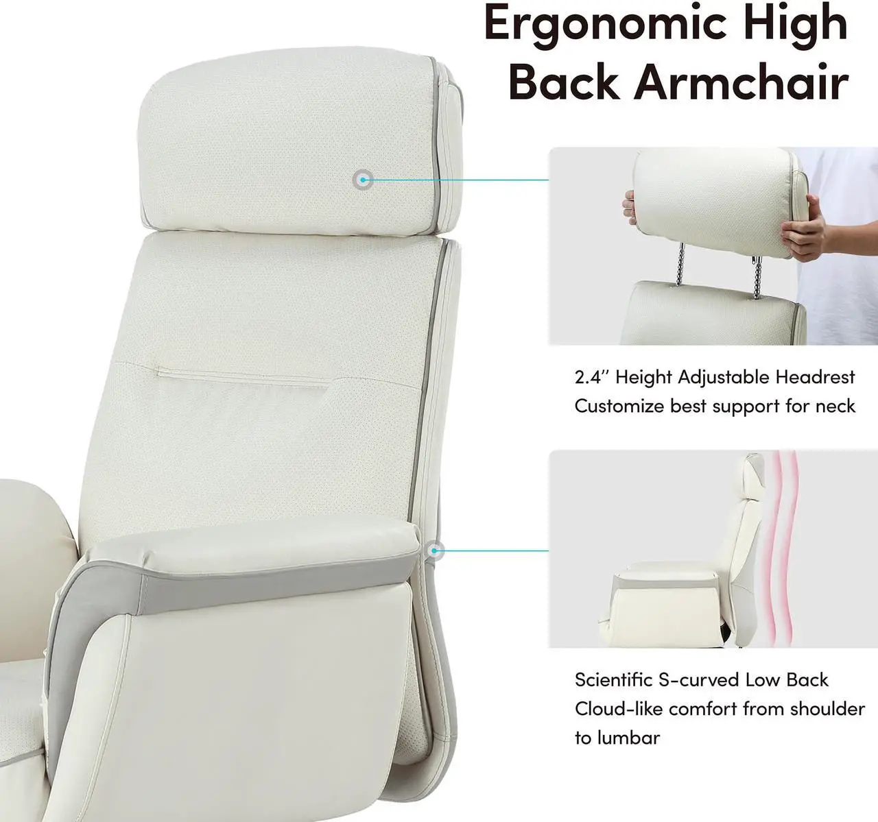 EUREKA ERGONOMIC Executive Office Chair, Silicone Leather Office Chair High Back, Ergonomic Desk Chair, Big and Tall with Adjustable Swivel Rolling for Home Office, Off-White - Thumbnail 4
