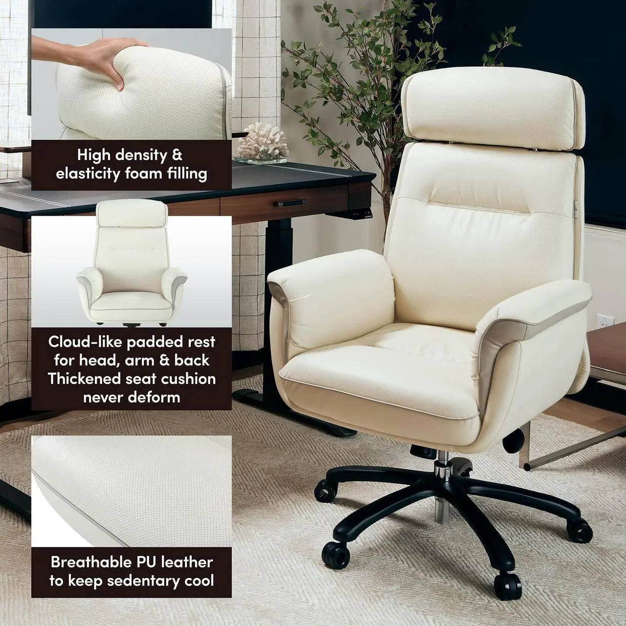 EUREKA ERGONOMIC Executive Office Chair, Silicone Leather Office Chair High Back, Ergonomic Desk Chair, Big and Tall with Adjustable Swivel Rolling for Home Office, Off-White - Thumbnail 5
