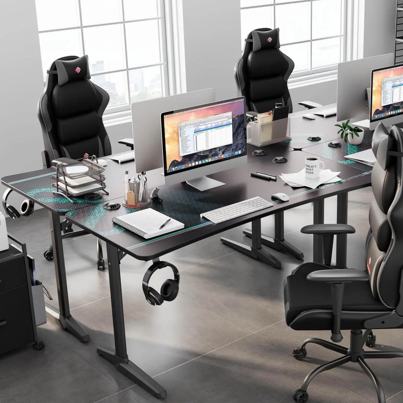 Alt view image 3 of 7 - Eureka Ergonomic 60" Gaming Desk, Captain Series Home Office Computer Desk with Large Carbon Fiber Surface, Polygon Legs Design, Free Mouse pad, Controller Stand, Cup Holder, Headphone Hook, Black