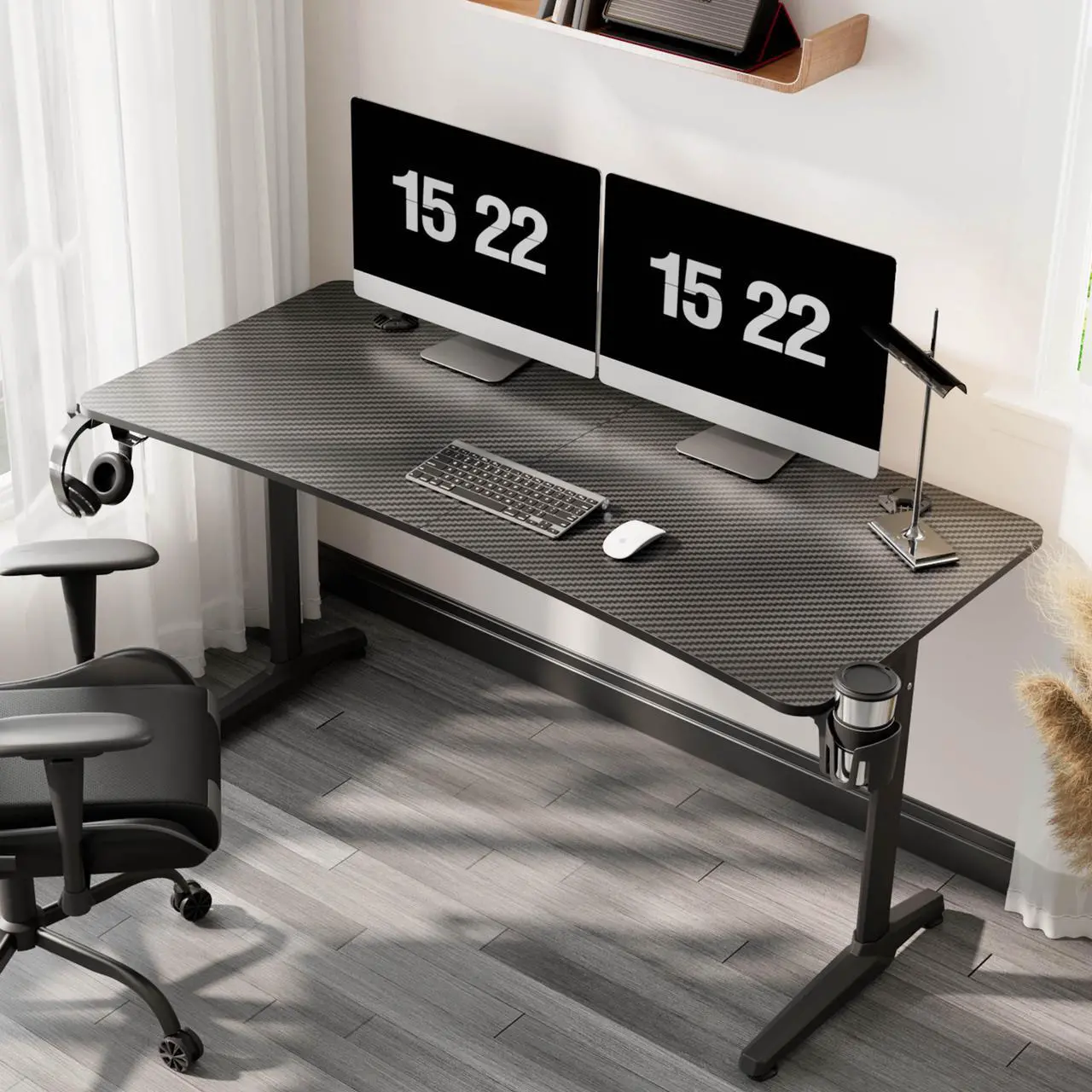 Alt view image 4 of 7 - Eureka Ergonomic 60" Gaming Desk, Captain Series Home Office Computer Desk with Large Carbon Fiber Surface, Polygon Legs Design, Free Mouse pad, Controller Stand, Cup Holder, Headphone Hook, Black