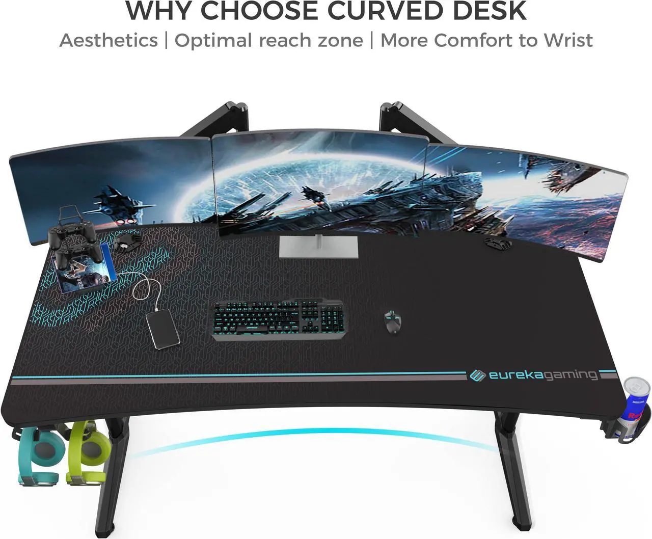 Alt view image 6 of 7 - Eureka Ergonomic 60" Gaming Desk, Captain Series Home Office Computer Desk with Large Carbon Fiber Surface, Polygon Legs Design, Free Mouse pad, Controller Stand, Cup Holder, Headphone Hook, Black