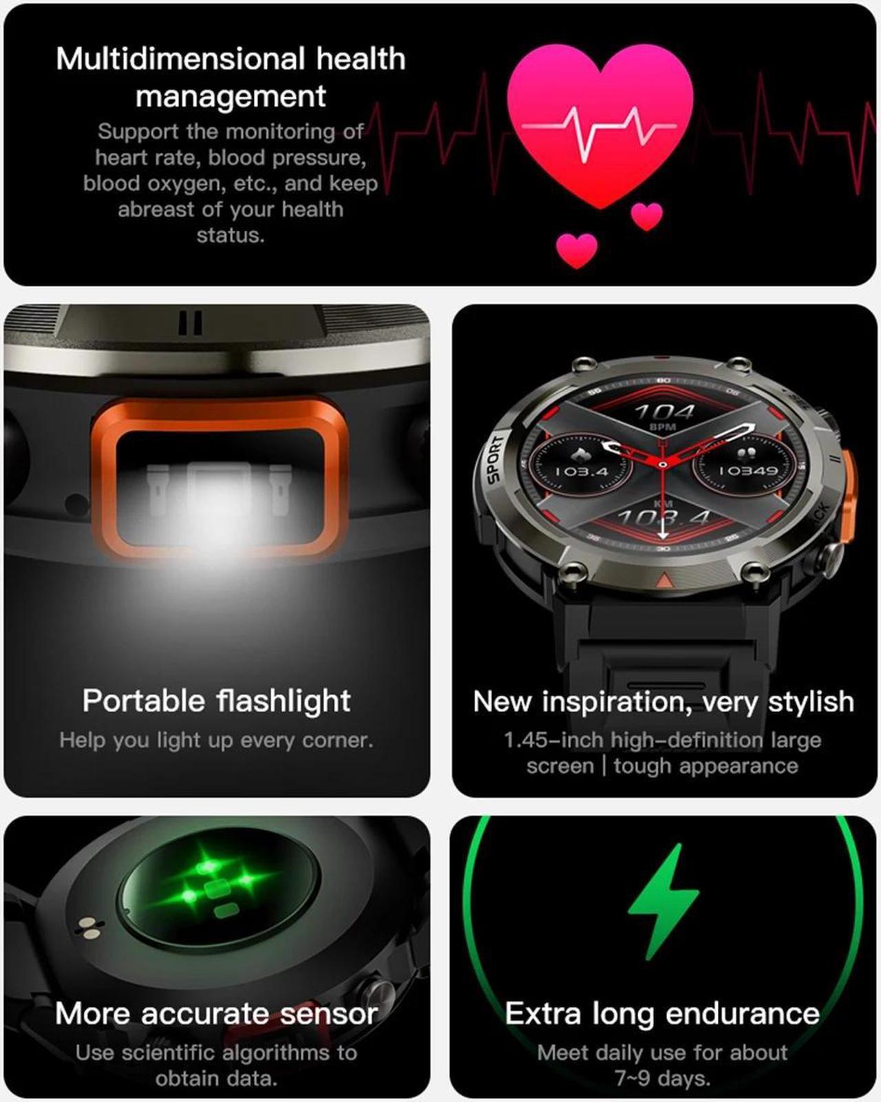Alt view image 5 of 5 - Outdoor Smart Watch Men With Flashlight Sport Fitness Bracelet Blood Pressure IP67 Waterproof Smartwatch for Android IOS