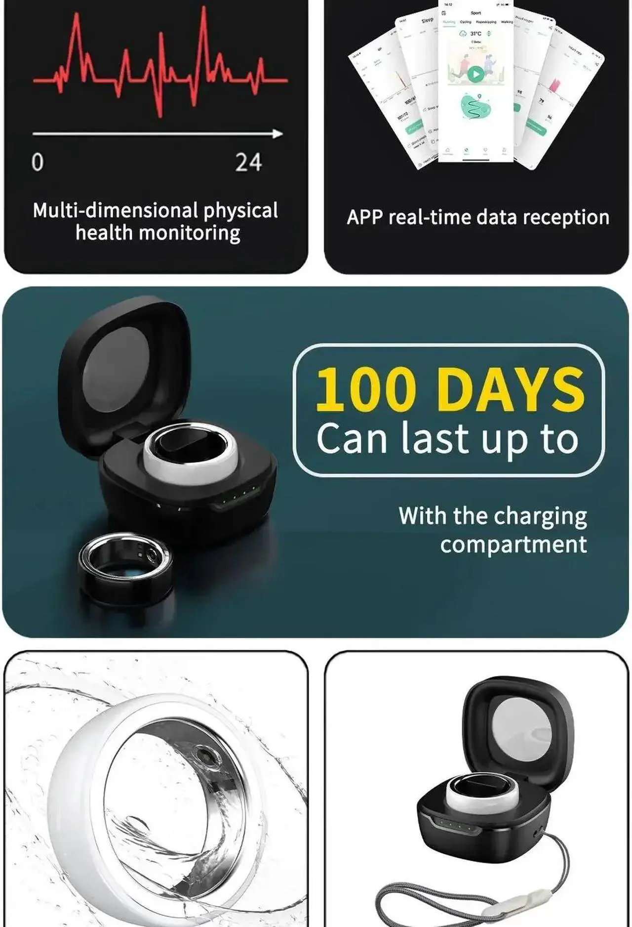 Alt view image 3 of 5 - Ceramic Smart Ring VWAR 02A Health Fitness Tracker with Charging IPX8 Waterproof SpO2 Blood Pressure Heart Rate Sleep Steps