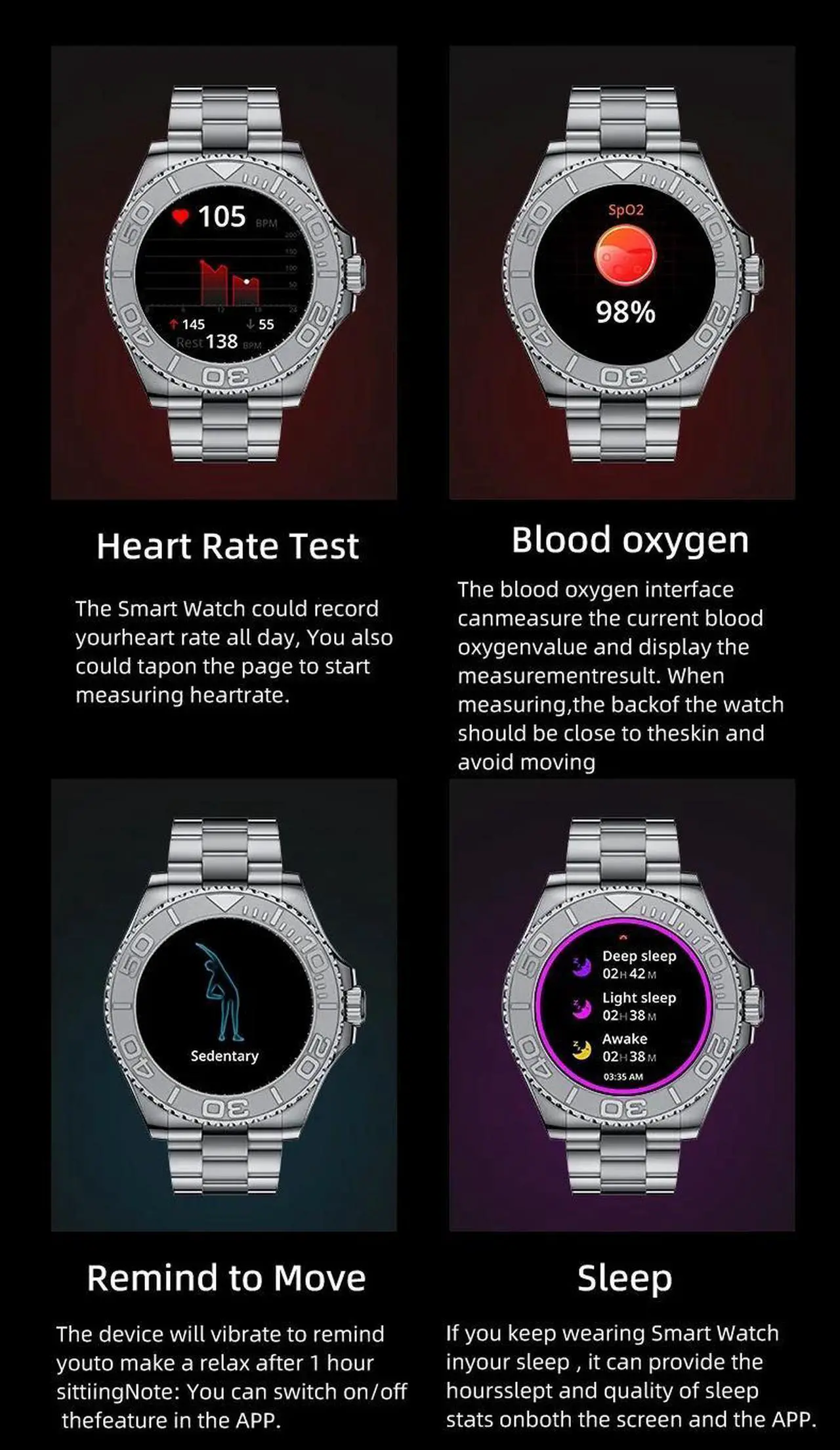 Alt view image 5 of 6 - Men Smart Watch Stainless Steel AMOLED Bluetooth Call Heart Rate SpO2 Business Smartwatch