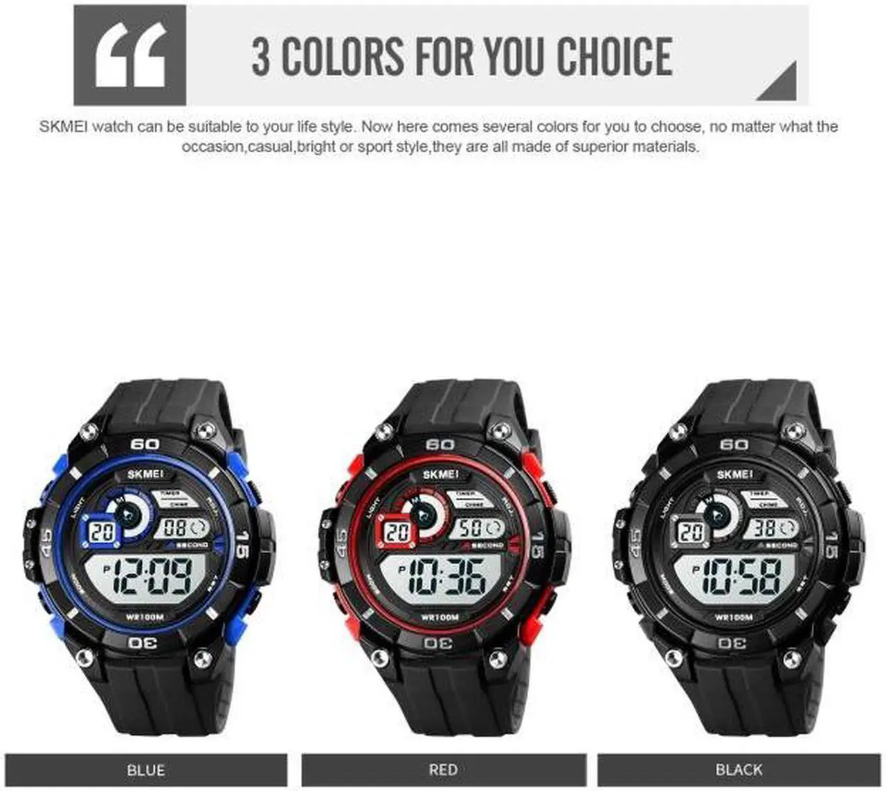Alt view image 2 of 7 - SKMEI 1756 Dual Time Countdown Alarm Clock Men Sports Luminous Electronic Watch (Blue) Black