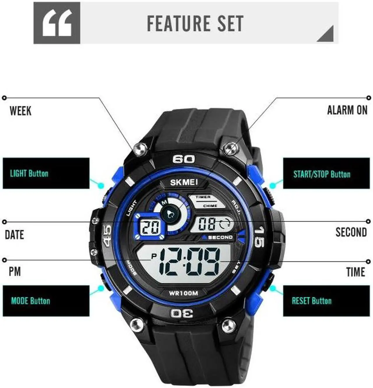 Alt view image 5 of 7 - SKMEI 1756 Dual Time Countdown Alarm Clock Men Sports Luminous Electronic Watch (Blue) Black
