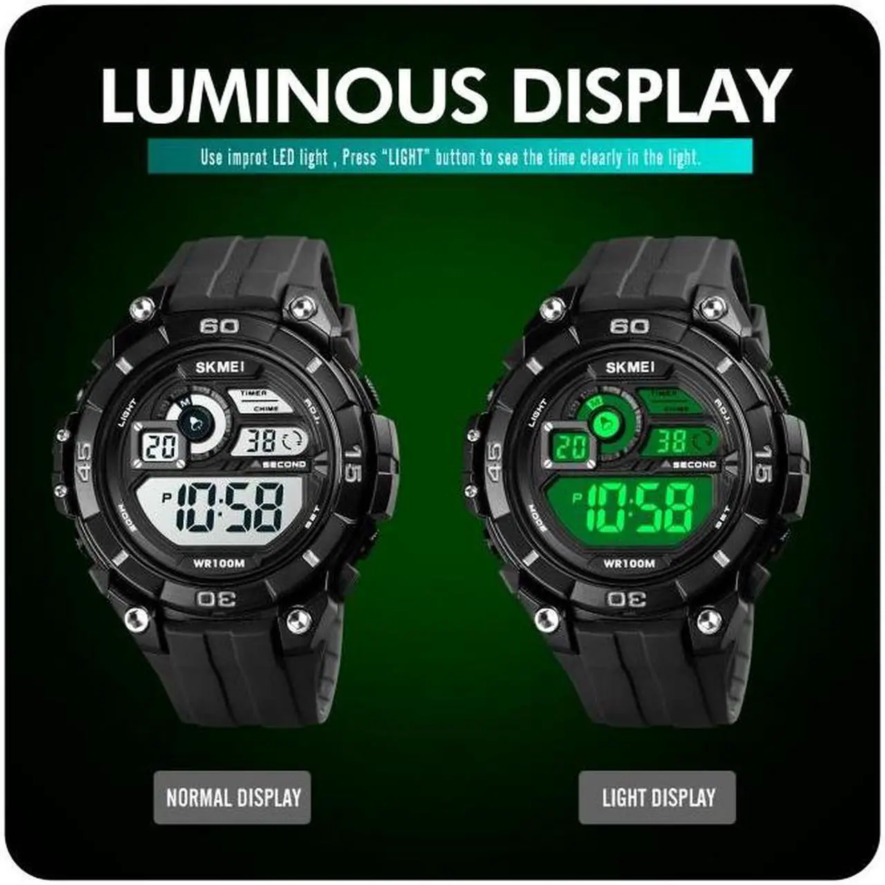 Alt view image 7 of 7 - SKMEI 1756 Dual Time Countdown Alarm Clock Men Sports Luminous Electronic Watch (Blue) Black