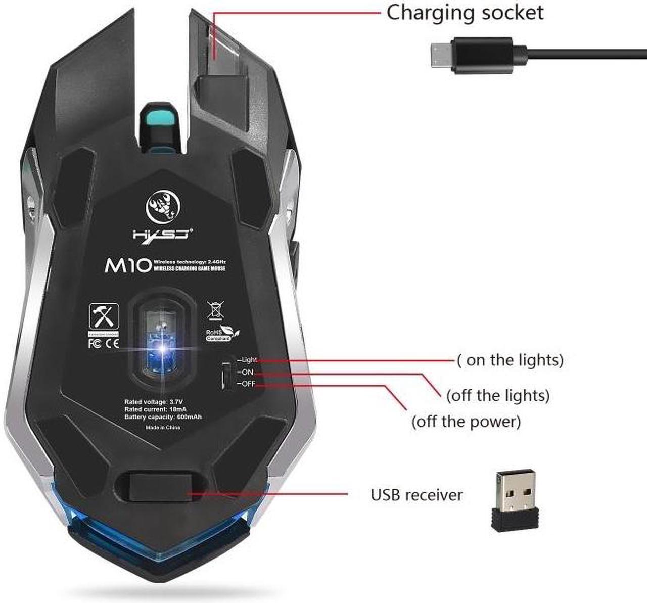 Alt view image 3 of 7 - HXSJ M10 2.4GHz 6-keys USB Rechargeable Colorful Lighting Ergonomic 2400DPI Wireless Optical Gaming Mouse for Desktop Computers