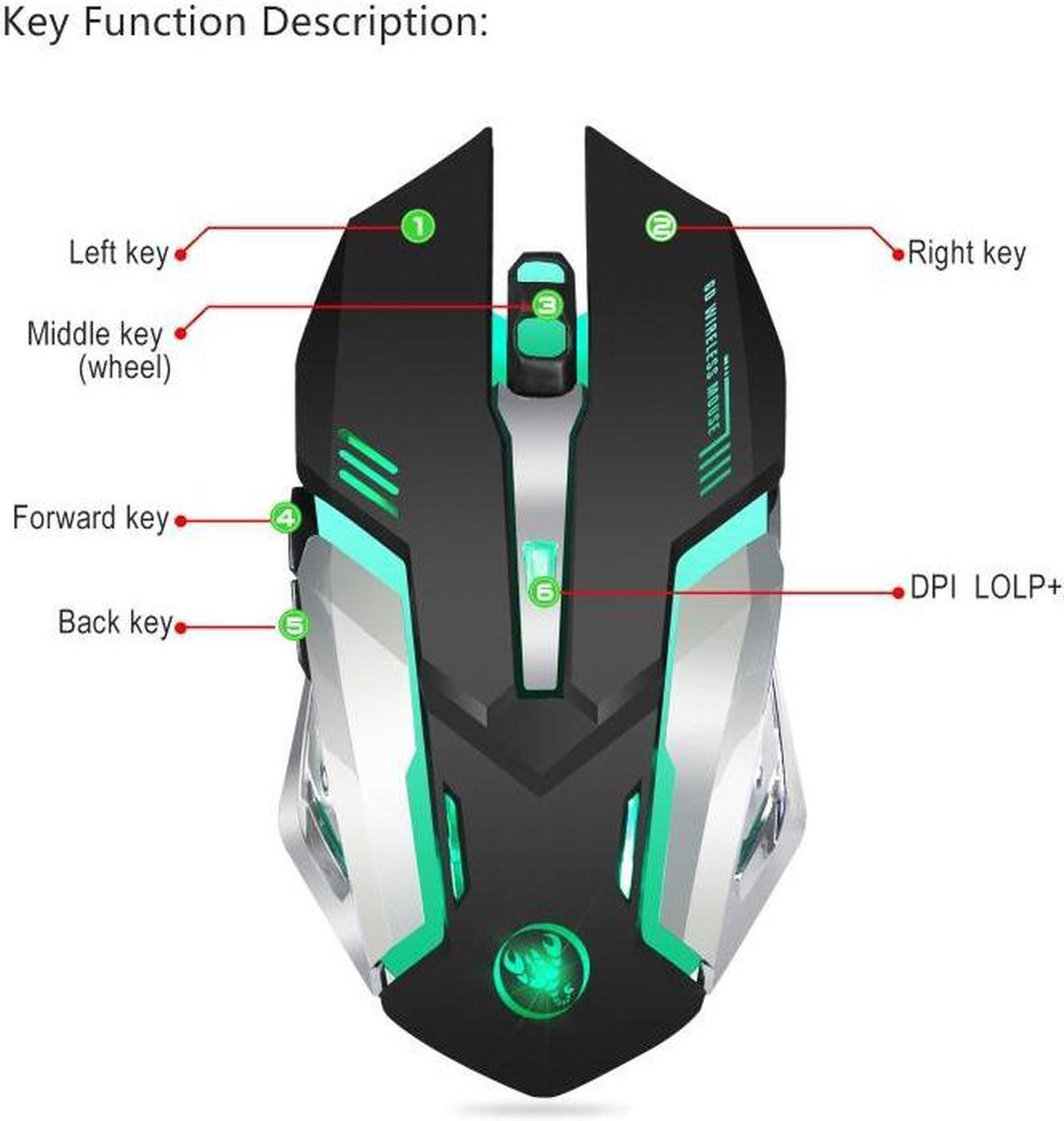 Alt view image 2 of 7 - HXSJ M10 2.4GHz 6-keys USB Rechargeable Colorful Lighting Ergonomic 2400DPI Wireless Optical Gaming Mouse for Desktop Computers