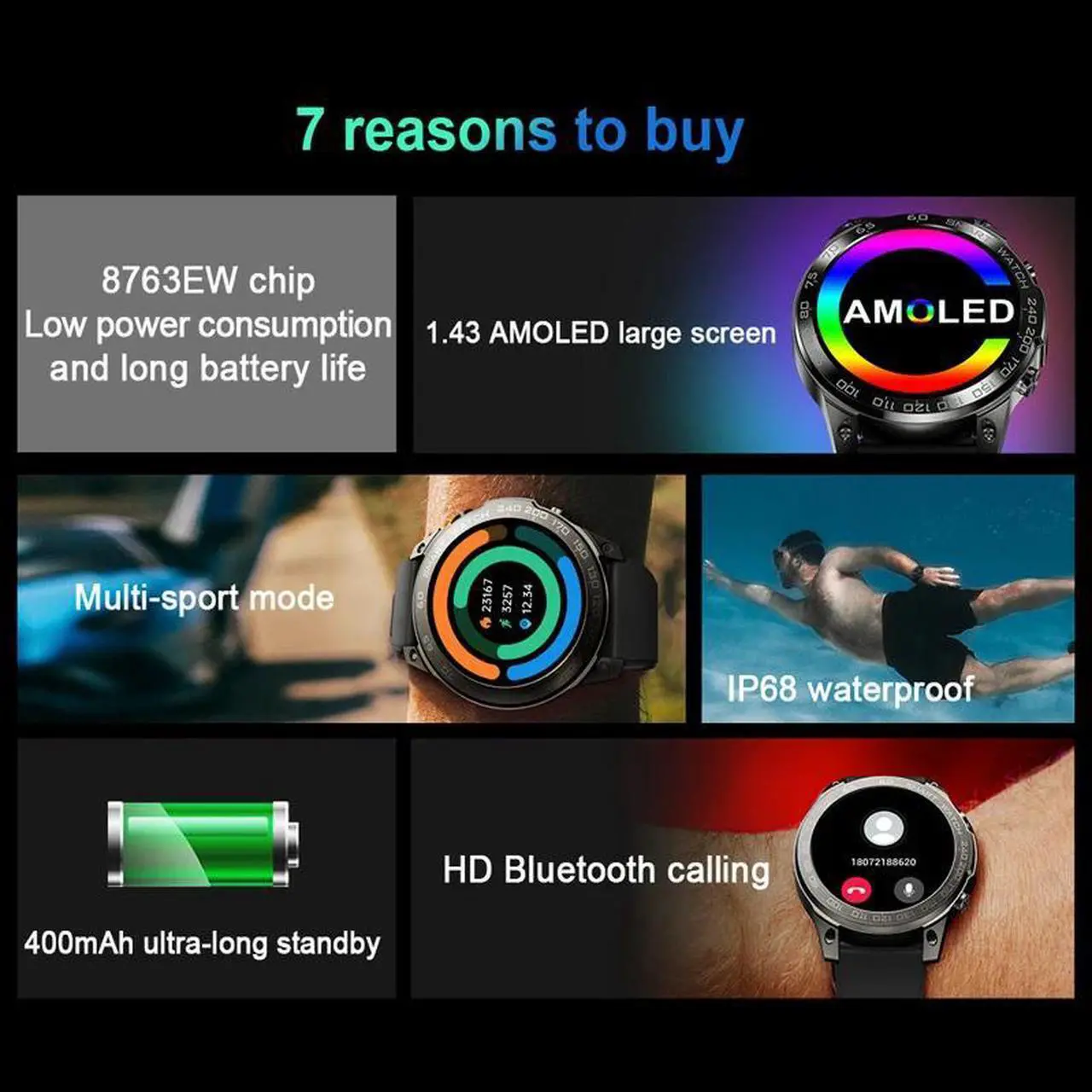 Alt view image 3 of 6 - 1.43'' 466*466HD AMOLED Screen Smart Watch Men's Metal True Heart Rate Waterproof Watch 400mAh Battery Bluetooth Call Smartwatch
