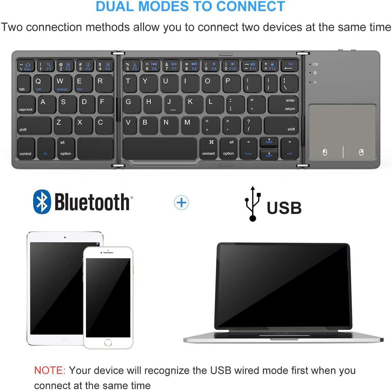 Alt view image 6 of 7 - Foldable Bluetooth Keyboard for ipad, Dual Mode Bluetooth & USB Wired Rechargable Portable Mini BT Wireless Keyboard with Touchpad Mouse for Android, Windows, PC, Tablet-Dark