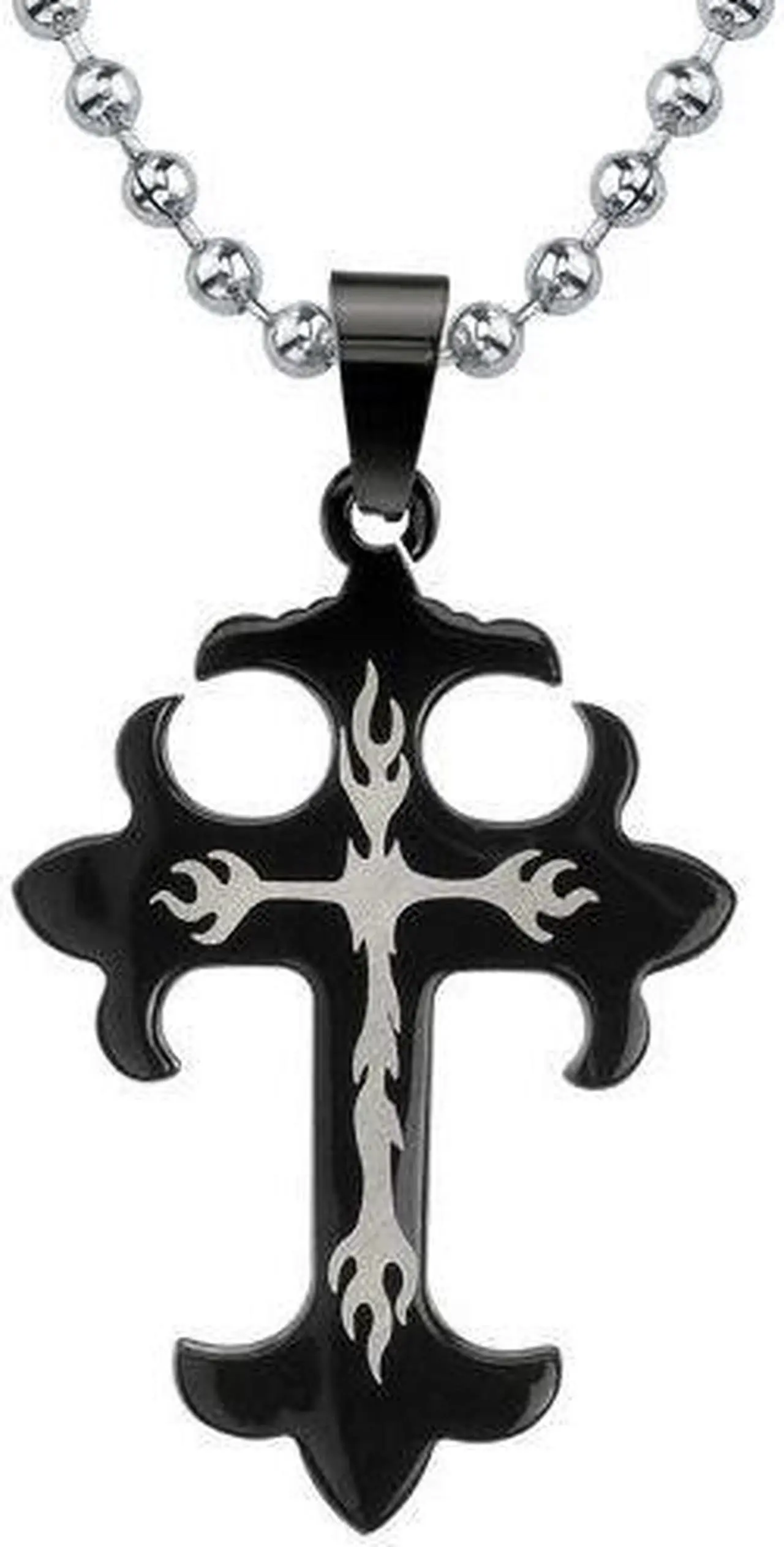 Main image of Gothic Chic: Designer Inspired Surgical Stainless Steel Gunmetal Finish Medieval Gothic Cross Pendant with Flame Tattoo Motif on a Stainless Steel Ball Chain