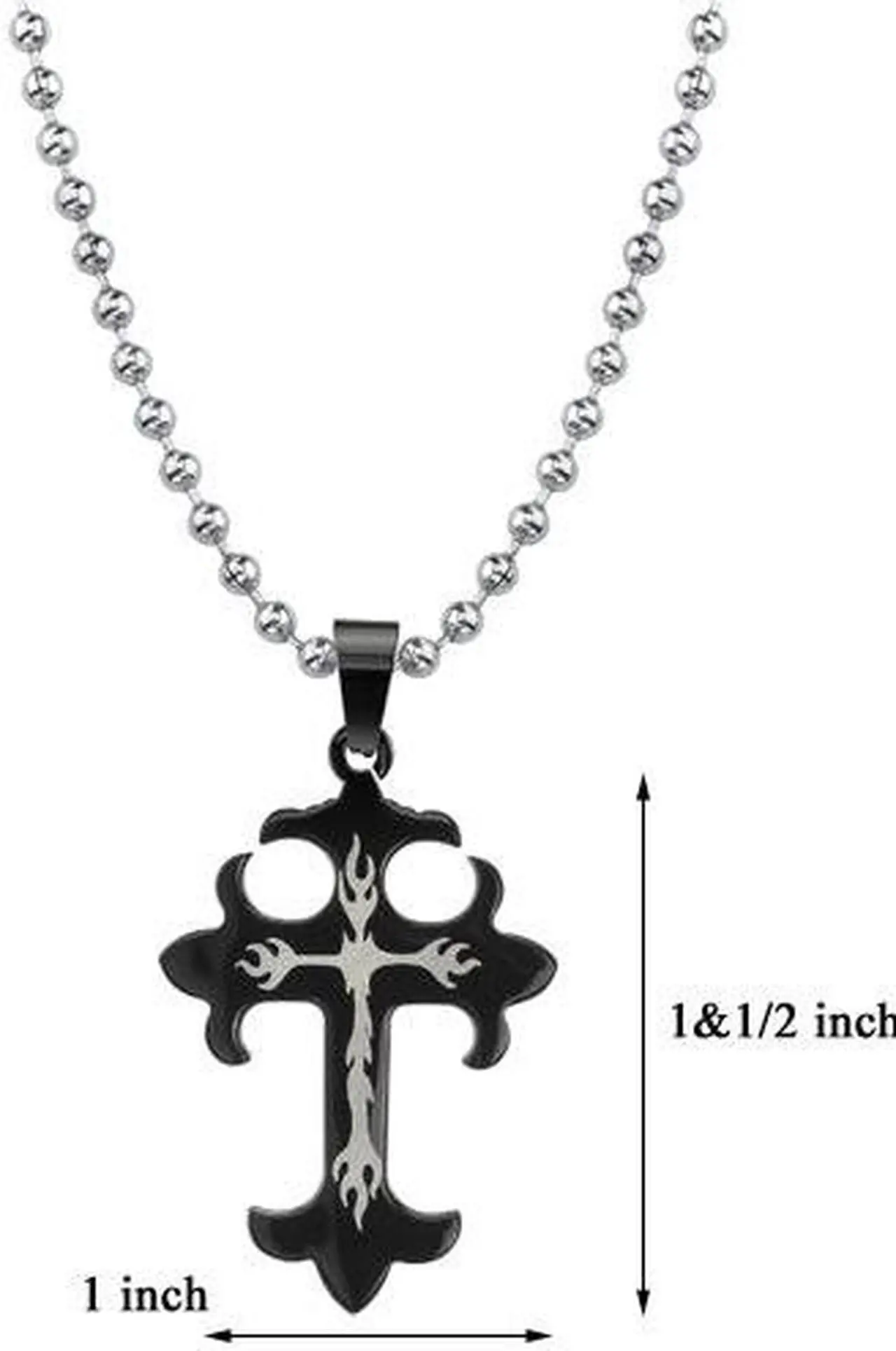 Alt view image 3 of 3 - Gothic Chic: Designer Inspired Surgical Stainless Steel Gunmetal Finish Medieval Gothic Cross Pendant with Flame Tattoo Motif on a Stainless Steel Ball Chain