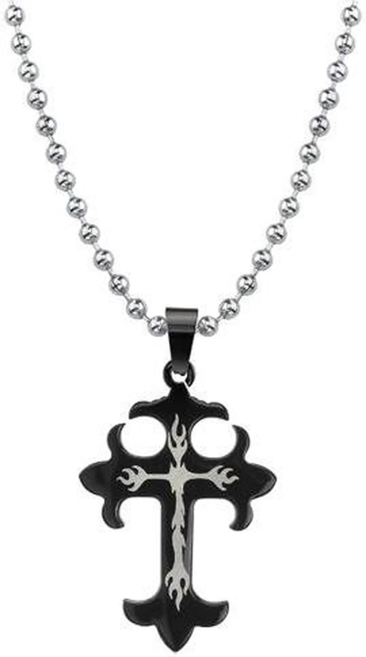 Alt view image 2 of 3 - Gothic Chic: Designer Inspired Surgical Stainless Steel Gunmetal Finish Medieval Gothic Cross Pendant with Flame Tattoo Motif on a Stainless Steel Ball Chain