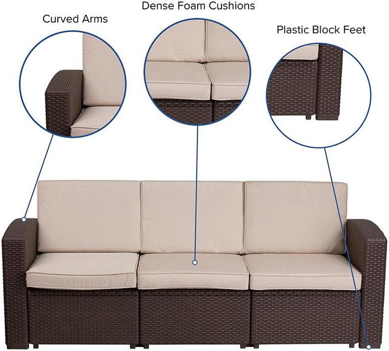Alt view image 15 of 20 - Chocolate Brown Faux Rattan Sofa with All-Weather Beige Cushions