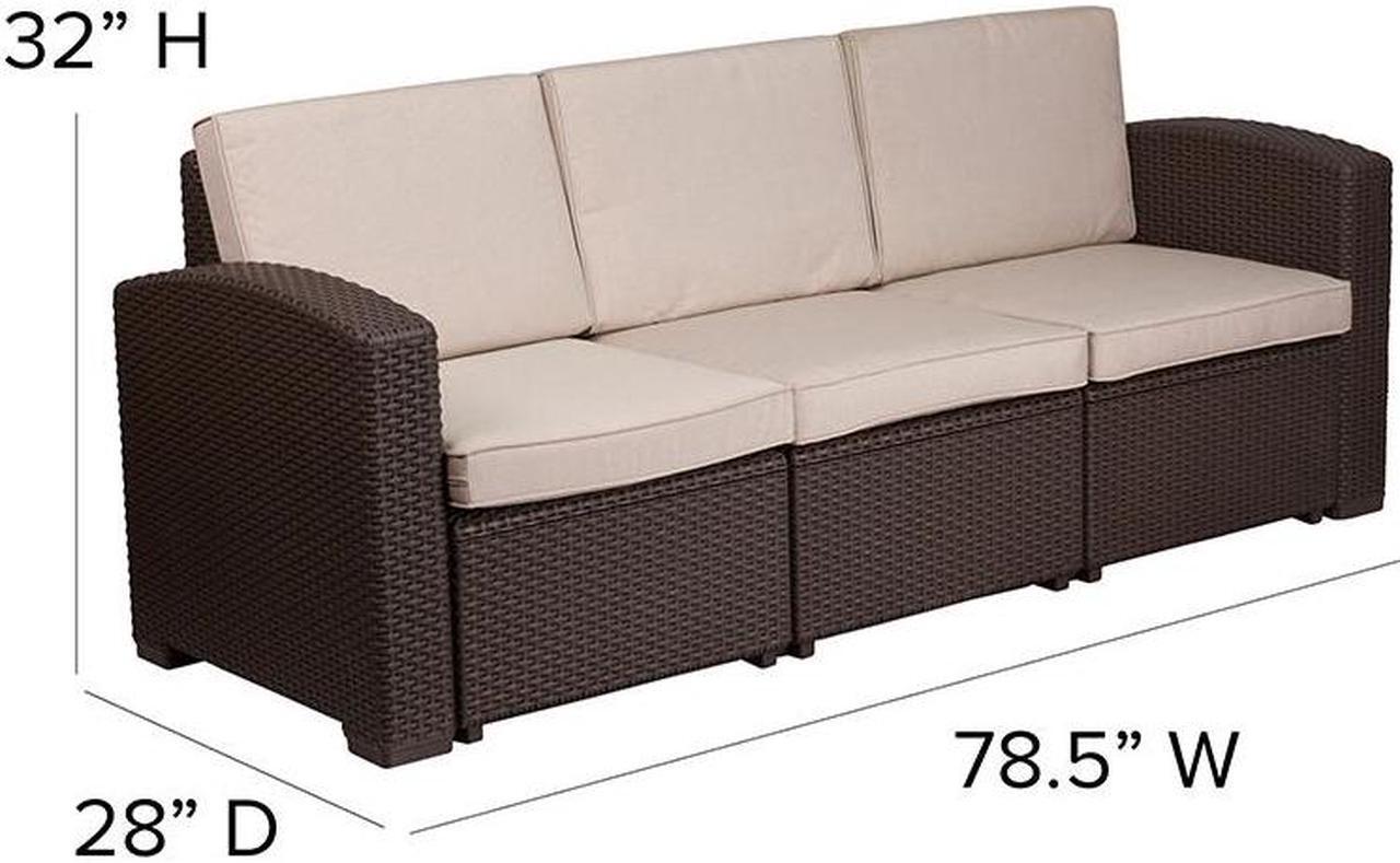 Alt view image 16 of 20 - Chocolate Brown Faux Rattan Sofa with All-Weather Beige Cushions