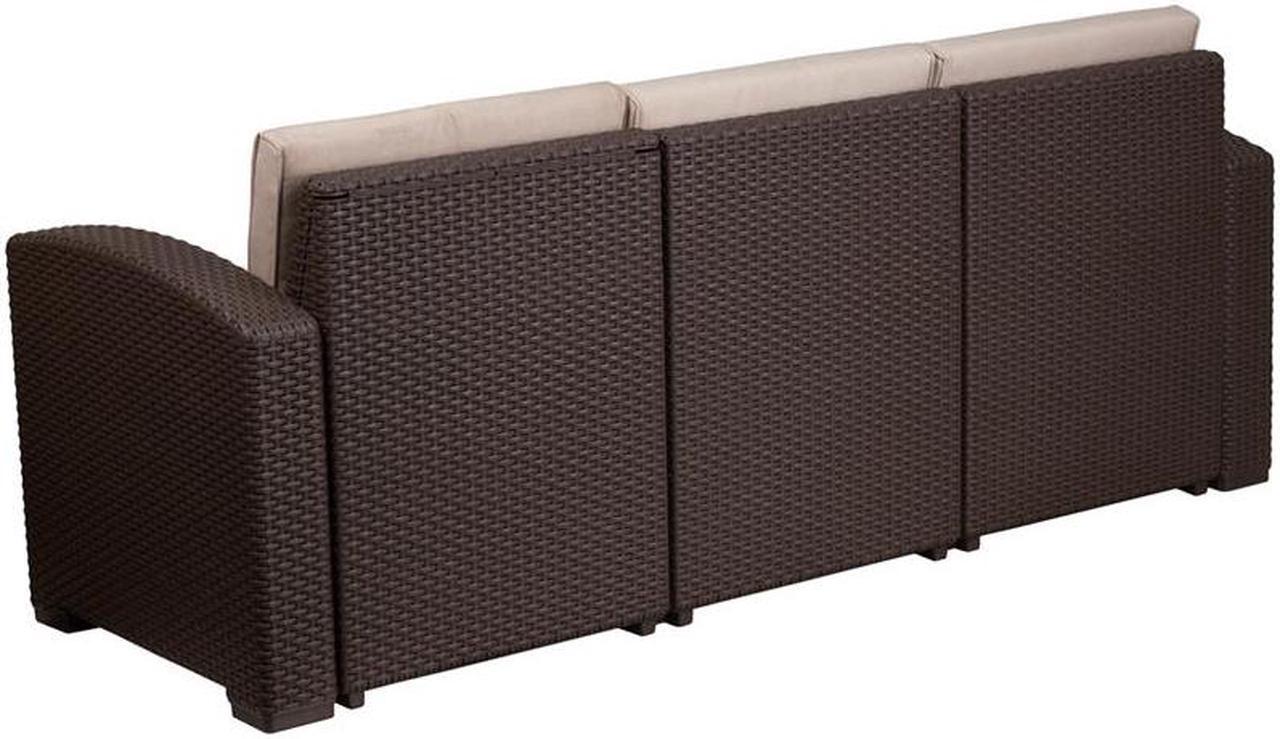 Alt view image 17 of 20 - Chocolate Brown Faux Rattan Sofa with All-Weather Beige Cushions