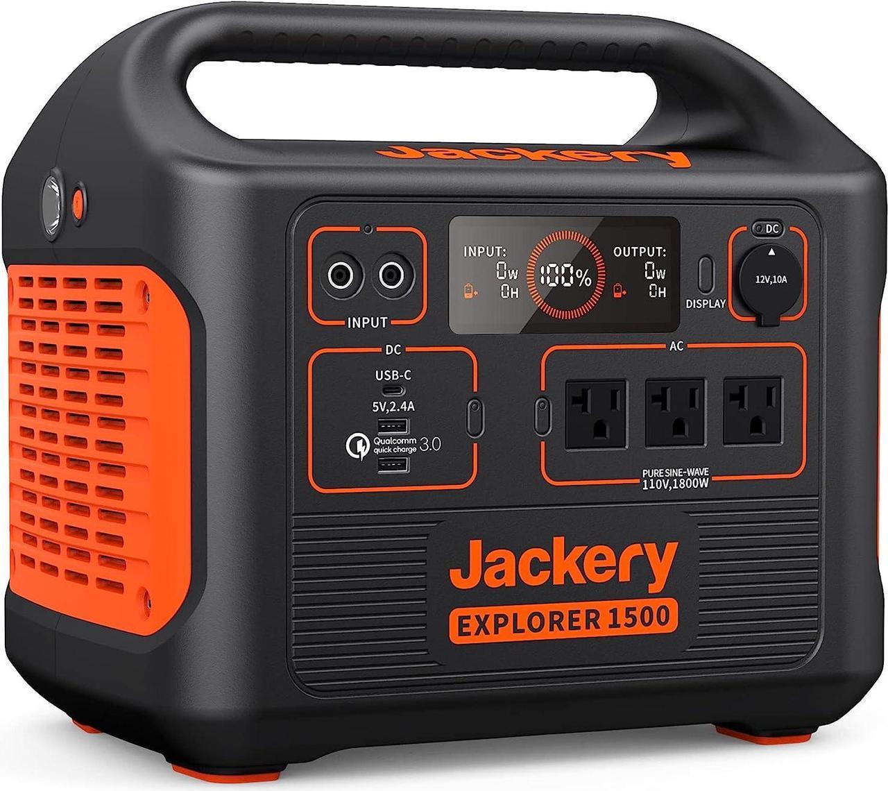 Jackery Portable Power Station Explorer 1500, 1534Wh Portable Generator with 3x110V/1800W AC Outlets - Certified Refurbished