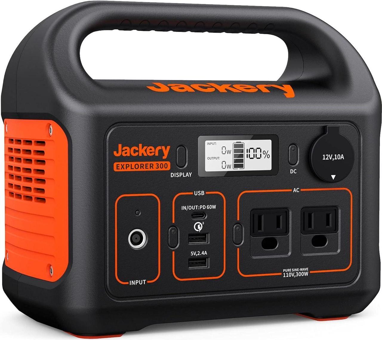 Jackery Portable Power Station Explorer 300, 293Wh Backup Lithium Battery, 110V/300W Pure Sine Wave AC Outlet, Solar Generator for Outdoors (Solar Panel Optional) - Certified Refurbished