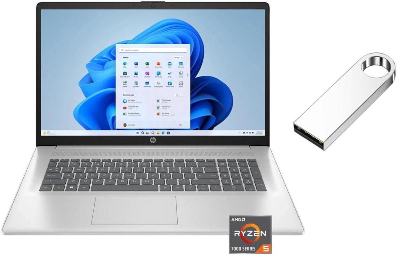 Main image of HP 17.3 inch 1920 x 1080 (Full HD) Laptop | AMD Ryzen 5 7430U(Beat i7-1255U) | AMD Radeon graphics | HDMI|Silver| 16GB RAM | 1024GB SSD | Windows 11 S | Bundle with 64GB USB Flash Drive