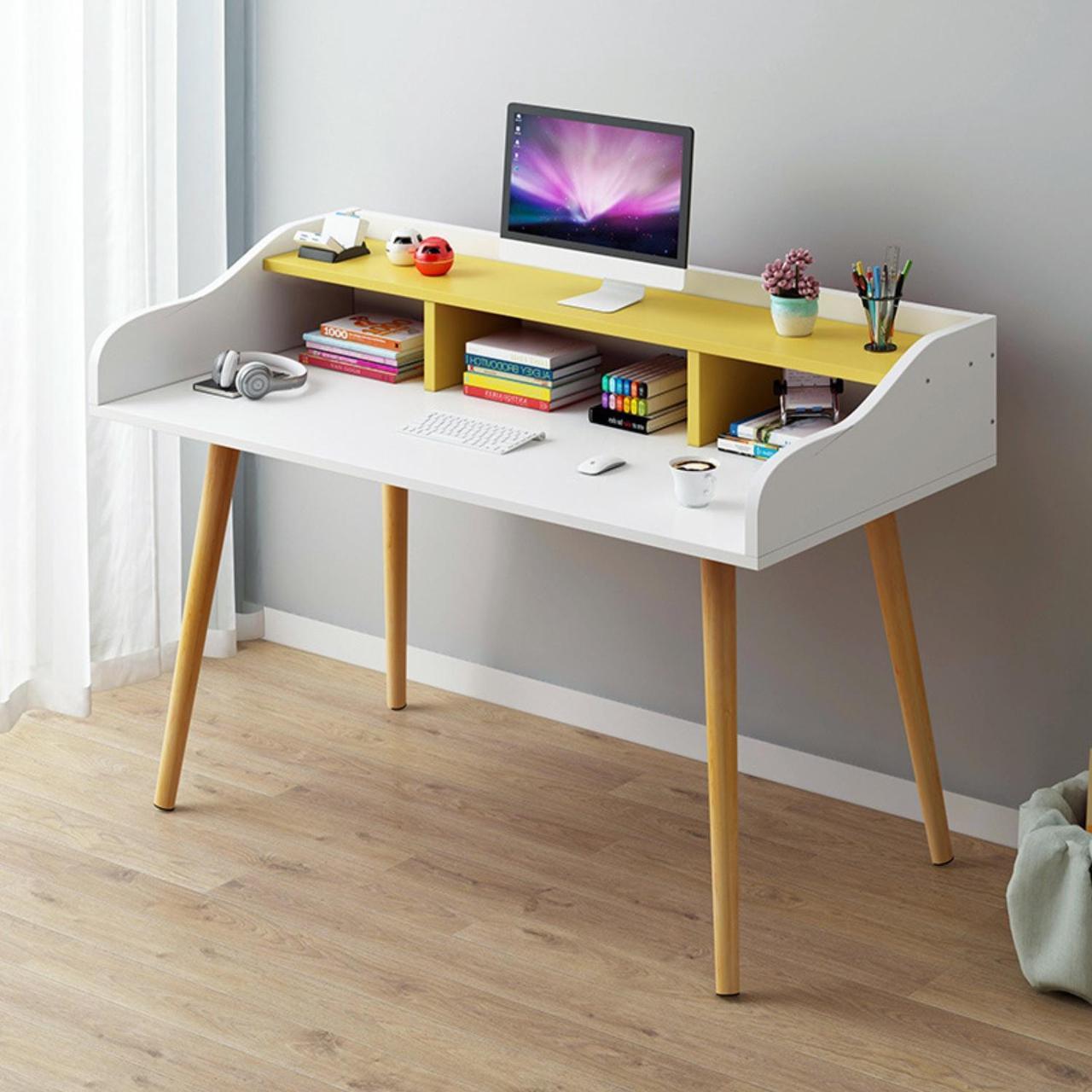 ViscoLogic BOOKER Mid-Century Sturdy and Durable Study Desk|Writing Desk|Computer Desk With Open Storage Shelf (White)