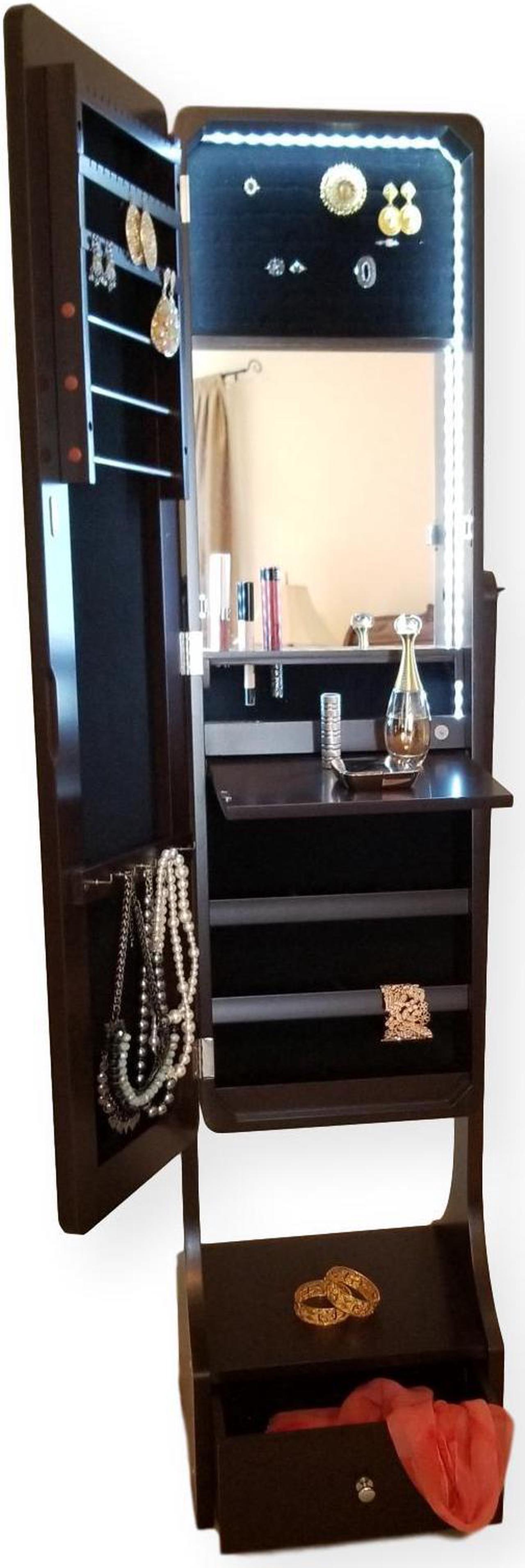 ViscoLogic Brooks Mirrored Jewelry Cabinet Armoire Stand, Mirror, Necklaces, Bracelets, Rings, Make up Tray and Large Drawer Base with LED Lights(Brown)