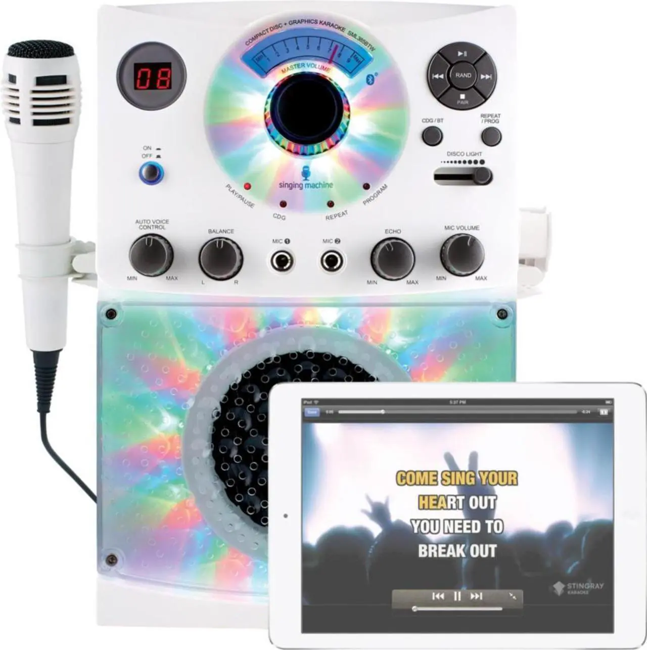 Alt view image 7 of 18 - The Singing Machine(R) Sml385btw Bluetooth(R) Karaoke System With Led Disco Lights & Microphone (White)  15.80In. X 11.1