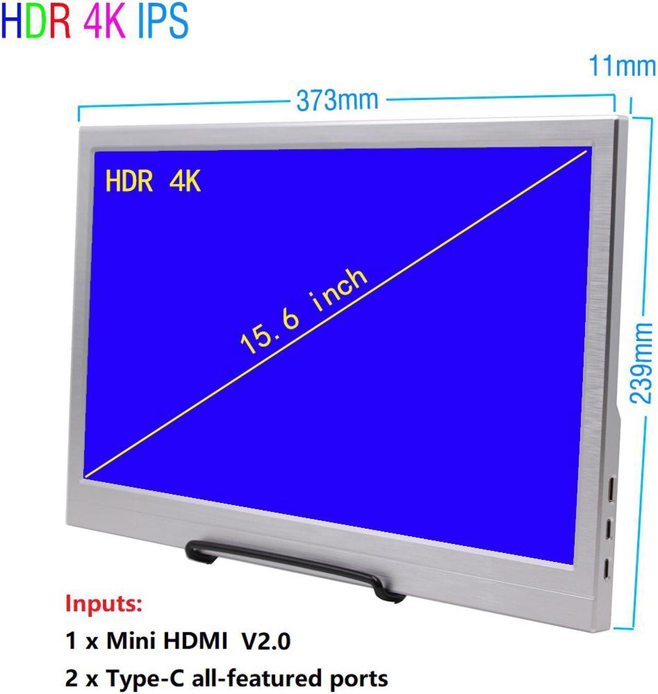 15.6" USB-C Portable Display 15.6 inch 3840×2160 60Hz UHD IPS HDR Portable Monitor with Mini HDMI + Dual Type-C + Headphone Ports,Two Full-featured USB C ports, USB-C Power Supply, Premium LCD Screen.