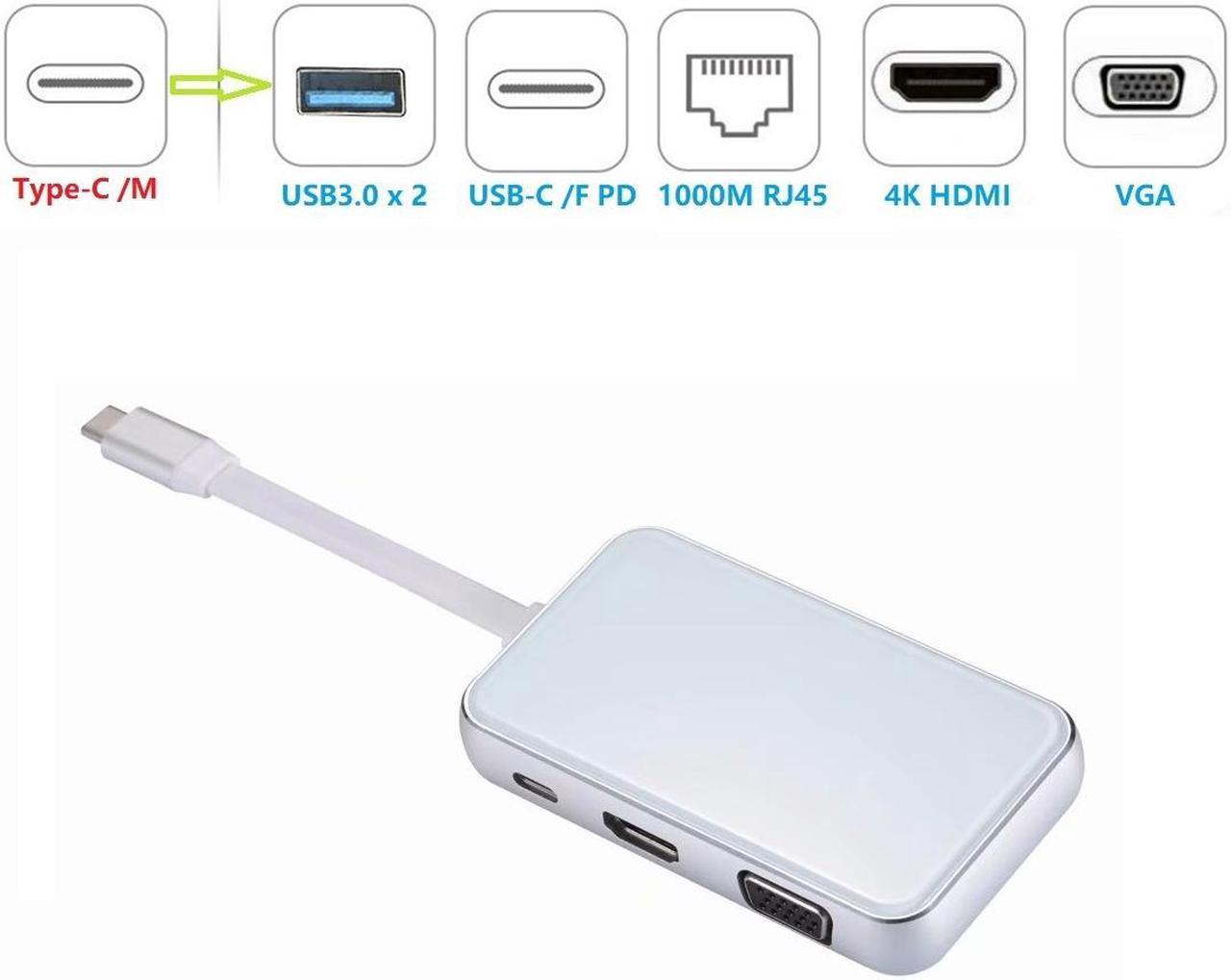 6-in-1 USB-C HUB, 6in1 USB C to HDMI VGA LAN PD 2 USB3.0 Adapter with Double Glass Surface, 6 in 1 Type-C HUB HDMI VGA RJ45 PD USB HUB, 4K HDMI, 100W PD, 1000M Ethernet.