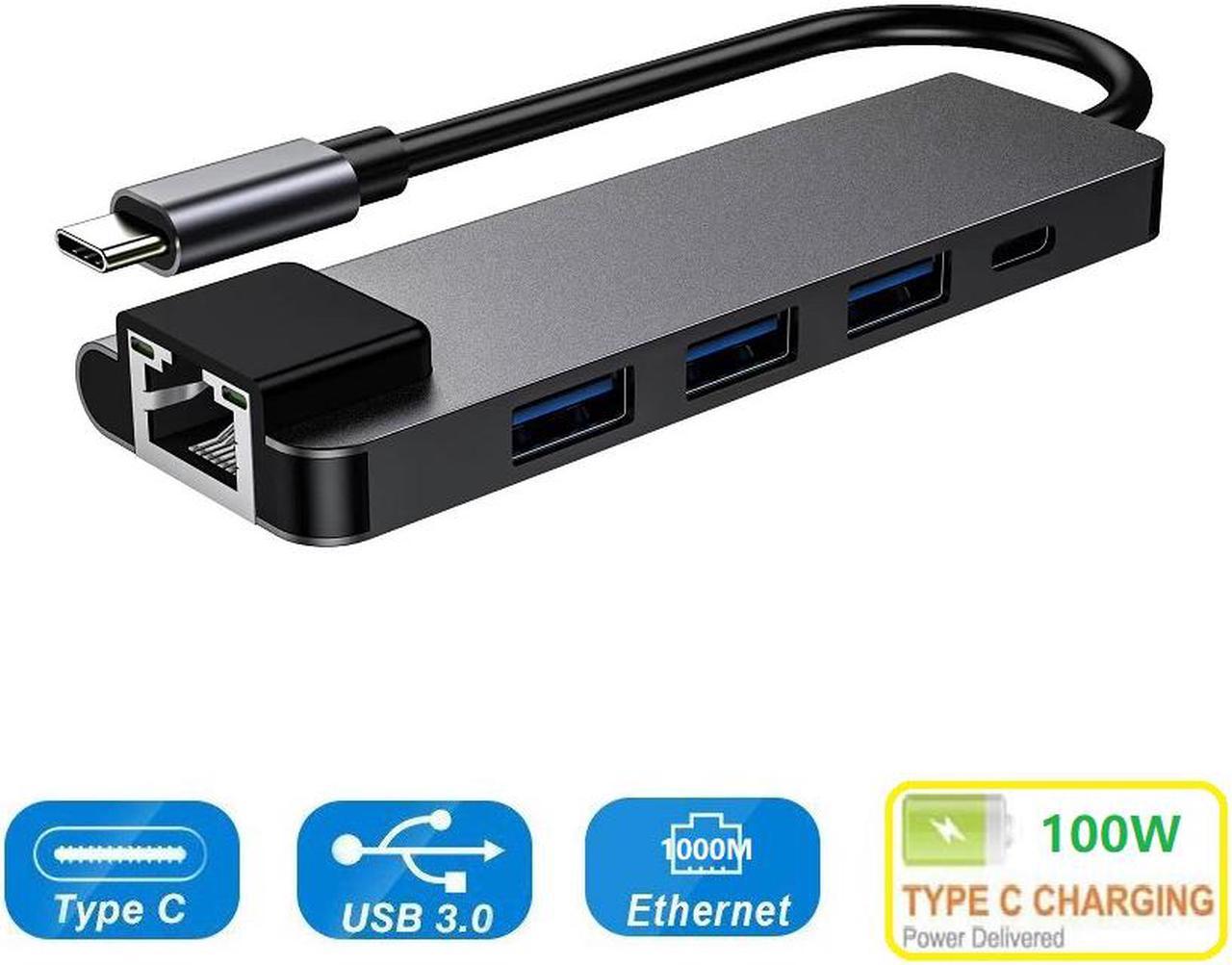 Gigabit Ethernet Card Type-C 3 USB3.0 + USB-C Female PD Charging HUB Aluminum Alloy, 5 in 1 USB-C HUB with 1000Mbps LAN PD 2 x USB 3.0 Ports, Type-C to RJ45 PD USB Dock.