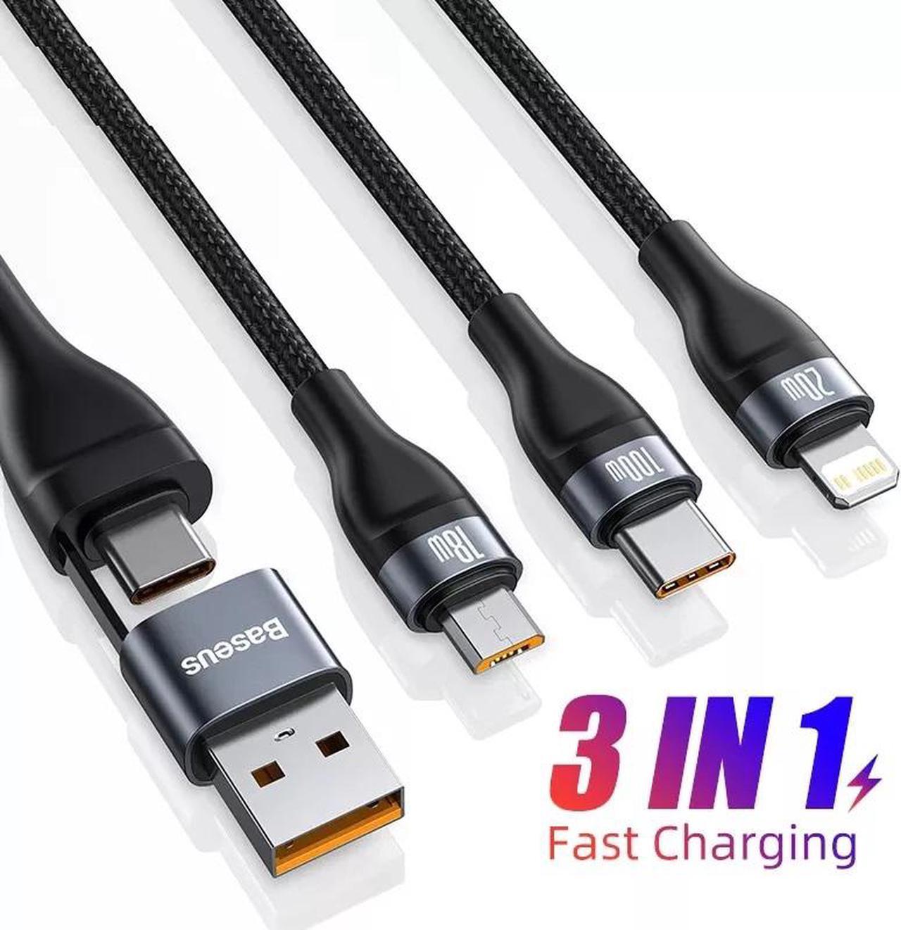 Baseus 3 in 1 USB Cable Fast Charging Type C USB Cable 100W Data Charger Cable Mobile Phone USB Cable for iPhone Type-C Micro, 3in1 USB-C USB to iP Micro Type-C Cable.