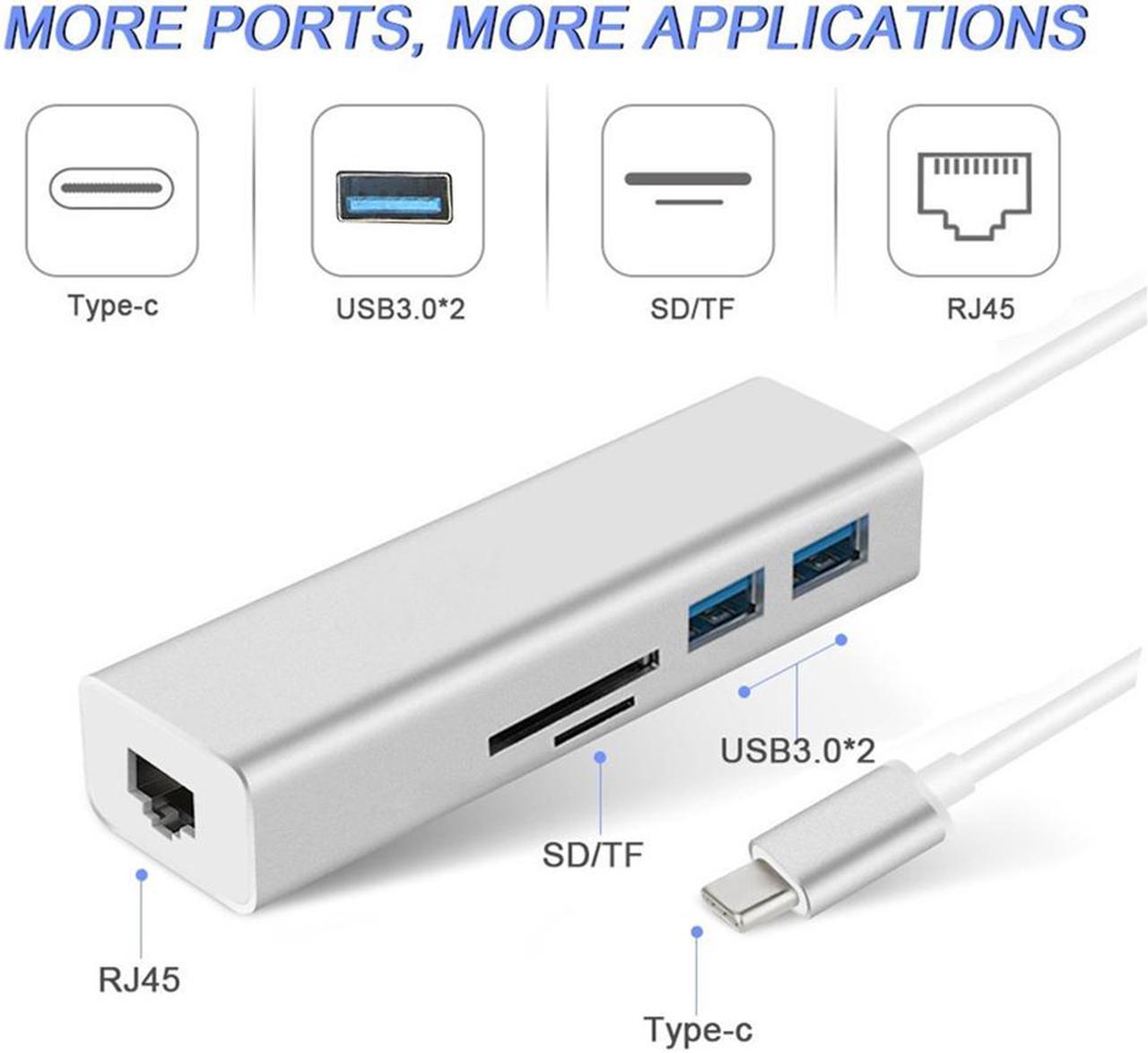 5 in 1 USB-C Card Reader with RJ45 USB Port, Type-C to USB 3.0 HUB with 1000M LAN Gigabit Ethernet / SD/TF Card Reader, 5-in-1 Type-C to 1000Mbps USB3.0 SD TF Dock.