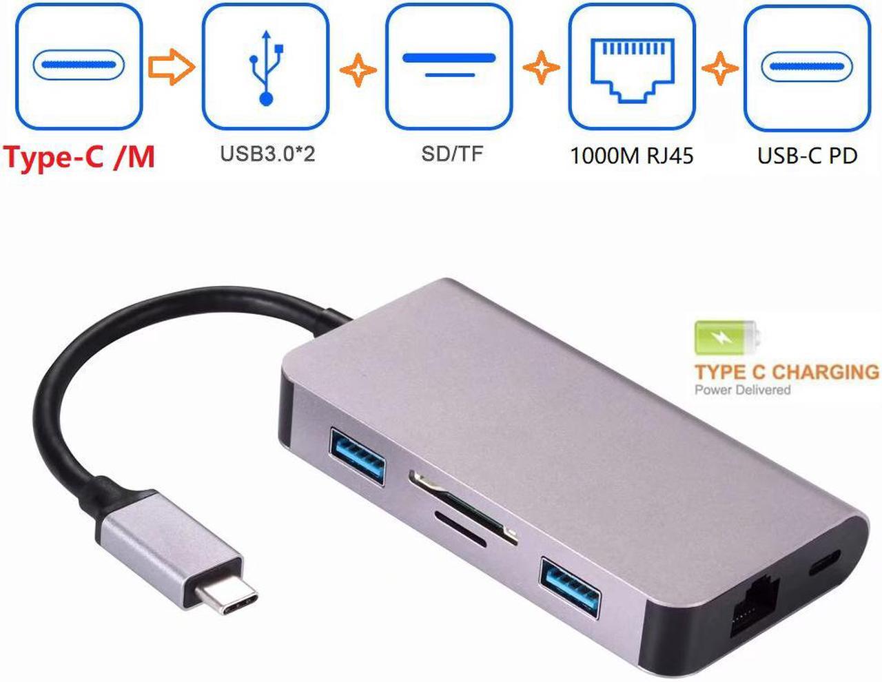 6 in 1 USB 3.1 Type-C Dongle with Dual USB3.0 60W PD 1000M LAN Gigabit Ethernet SD/TF Card Reader, 6-in-1 USB-C to RJ45 PD SD TF USB HUB.