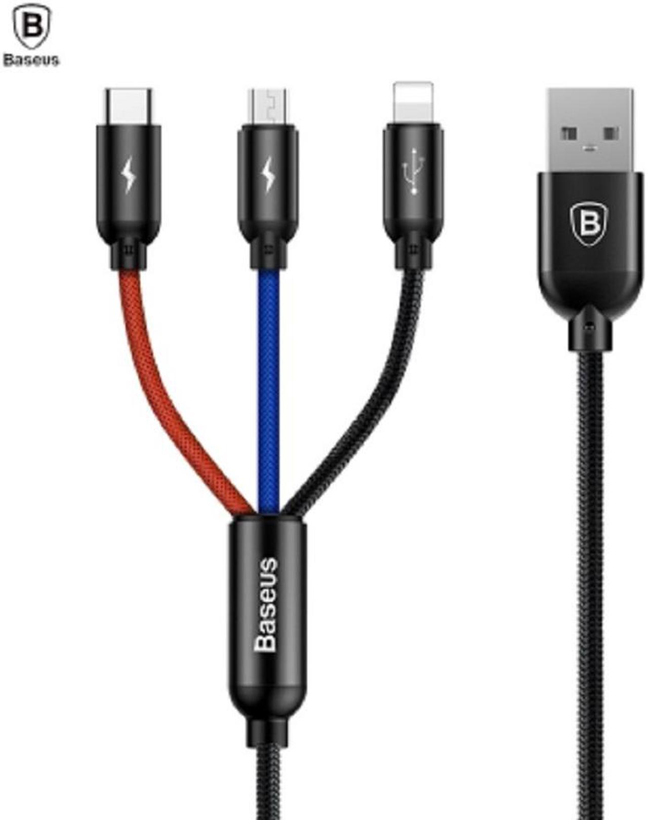 Baseus 3-in-1 3.5A USB Charging Data Cable Three Colors Micro USB Type-C  Apple 8Pin 120cm Cable.