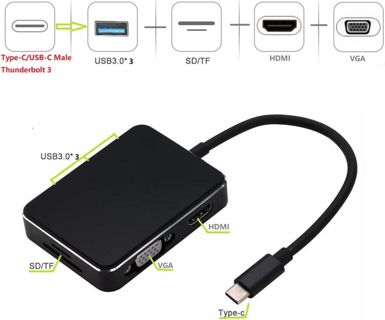 7in1 Type-C to HDMI VGA 3 x USB3.0 Adapter with SD/TF Card Reader and Glass Surface, 7-in-1 USB-C HUB with HDMI VGA USB SD TF Port, USB C to 4K HDMI VGA 3 USB 3.0 SD/TF Card Reader Dock.