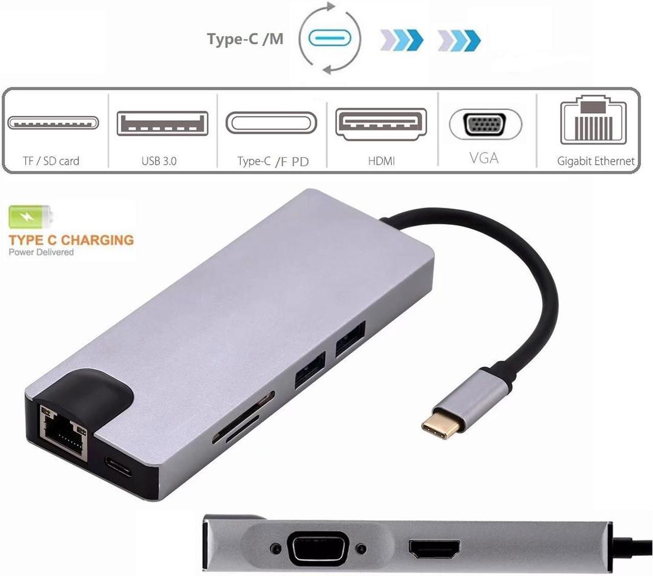 8in1 USB C HUB USB-C to HDMI 4K VGA Gigabit LAN PD SD/TF USB3.0 Adapter USB C VGA HDMI Video Converter, 8-in-1 Type-C to HDMI VGA RJ45 PD USB SD TF HUB, Type-C Dock with HDMI VGA 1000M PD SD/TF USB.