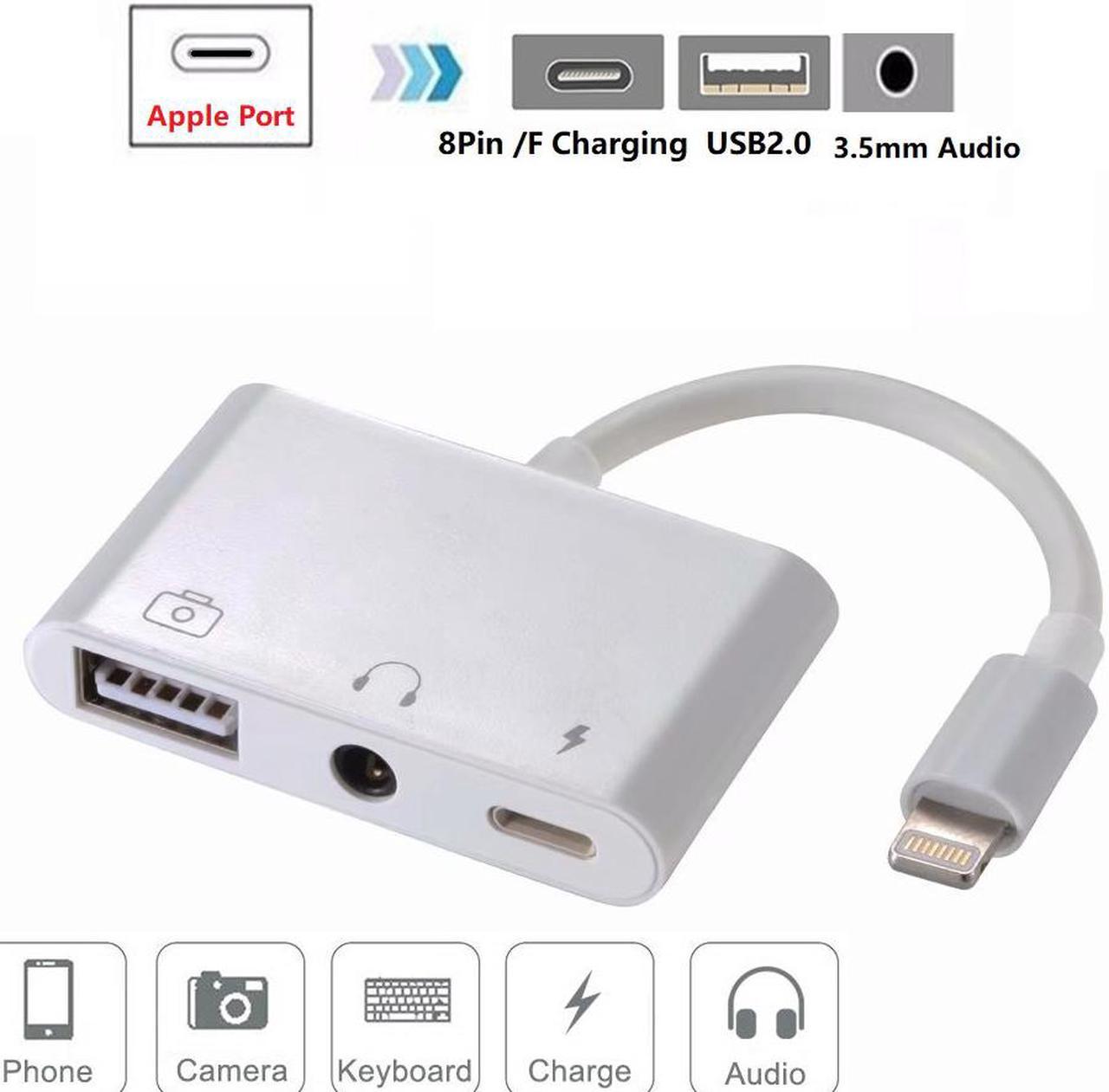 3-in-1 8 Pin HUB with USB 3.5mm 8Pin, 8 Pin Female Charging for Apple Devices, 3.5mm Audio Jack, USB2.0 Port for Data Transfer, 3.5mm Audio Adapter Headphone Charging Sync Data for Apple Devices.