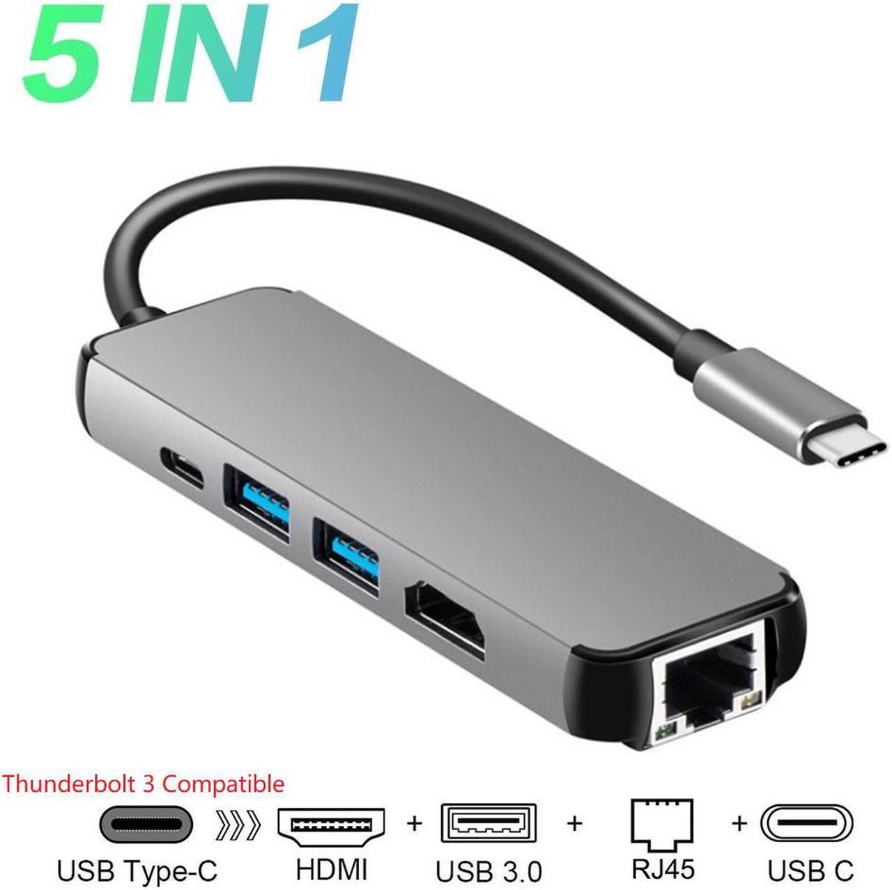 5 in 1 Type-C HUB USB C to 4K HDMI + Gigabit LAN + PD + USB3.0 Adapter, Support 1000Mbps Ethernet, PD 60W Quick Charging and 4K UHD Video Output for New Smart Phone, New MacBook ChromeBook.