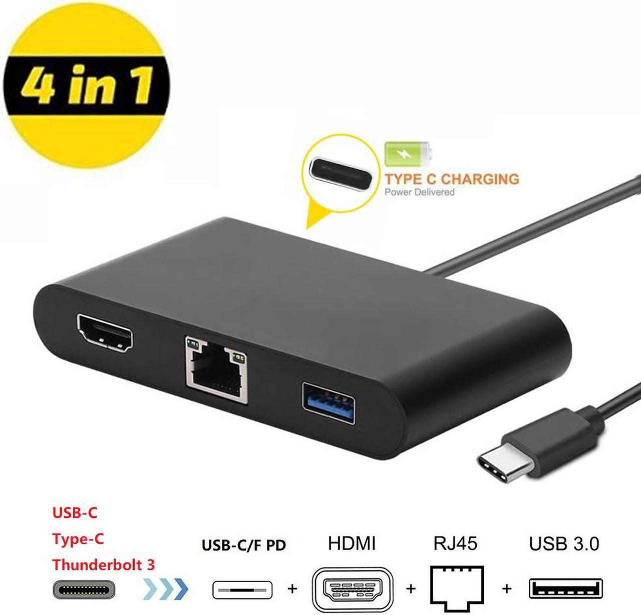 4in1 Type-C Dongle with 4K HDMI 1000M LAN USB3.0 USB-C PD 60W Fast Charging Video Converter, 4-in-1 USB-C to HDMI RJ45 PD USB HUB Thunderbolt 3 Compatible.