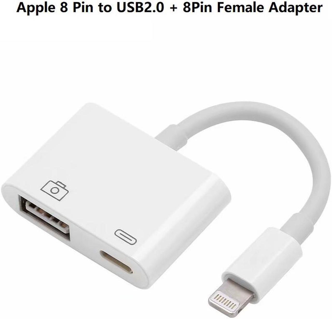 2-in-1 8 Pin to USB HUB, 8Pin Female Data Transfer Charge for Apple Devices and USB2.0 Port for Fast Data Transfer, iP to USB 8Pin Charging Port Adapter for iPhone iPad.