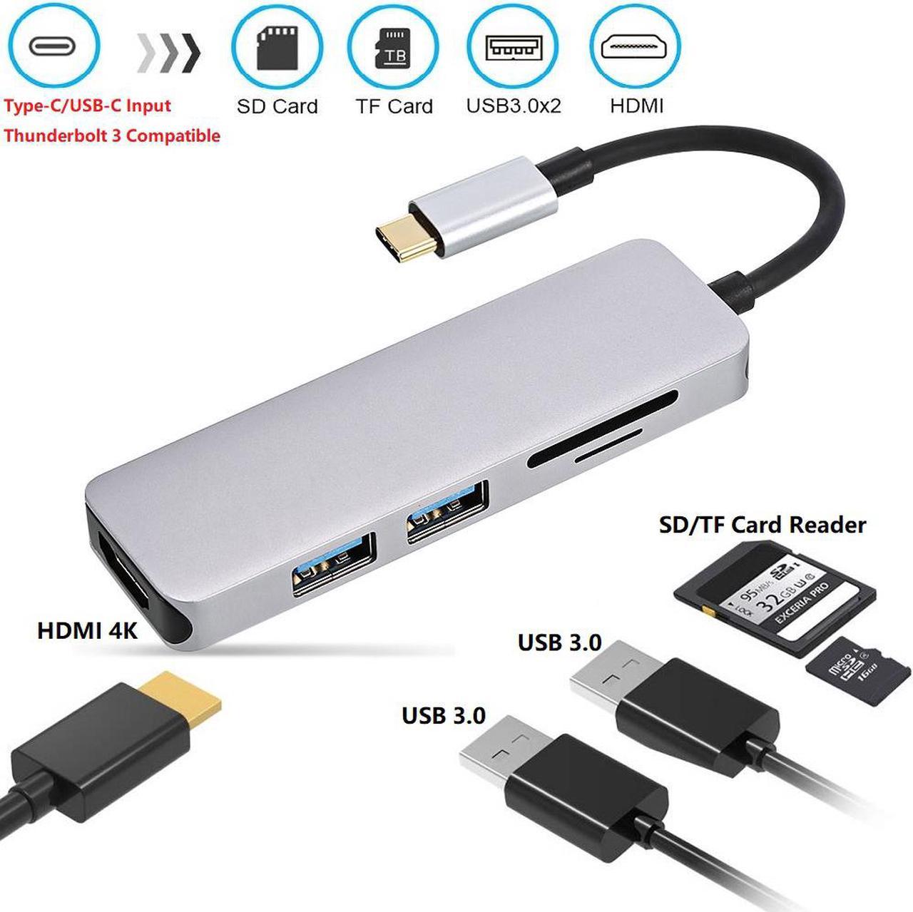 5 in 1 Type-C to HDMI 4K Video Converter with SD/TF Card Reader and 2 USB3.0 HUB, 5in1 USB-C to 4K HDMI 2 x USB 3.0 SD TF Dock.