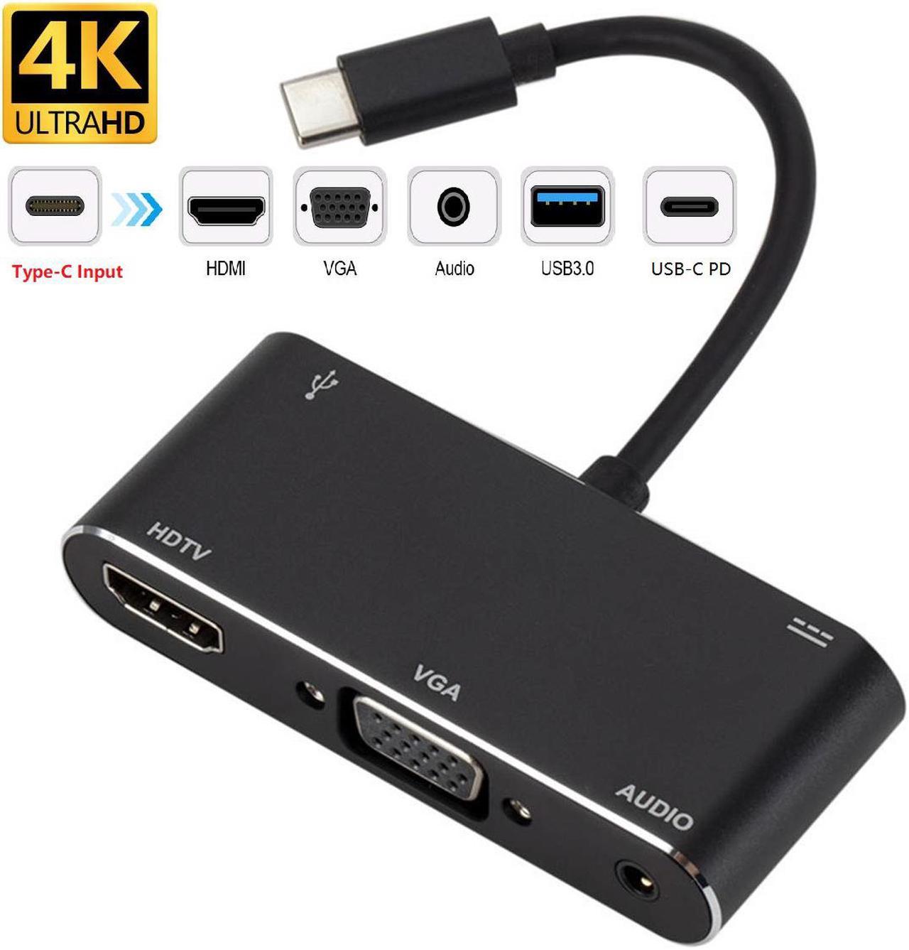 5in1 Type-C HUB USB C to 4K HDMI VGA 3.5mm Audio UHD Video Converter Dock with USB 3.0 and USB-C PD Charging for MacBook, ChromeBook and Galaxy S8/S8+/S9/S9+/S10/S10+/S20/S20+ and More.