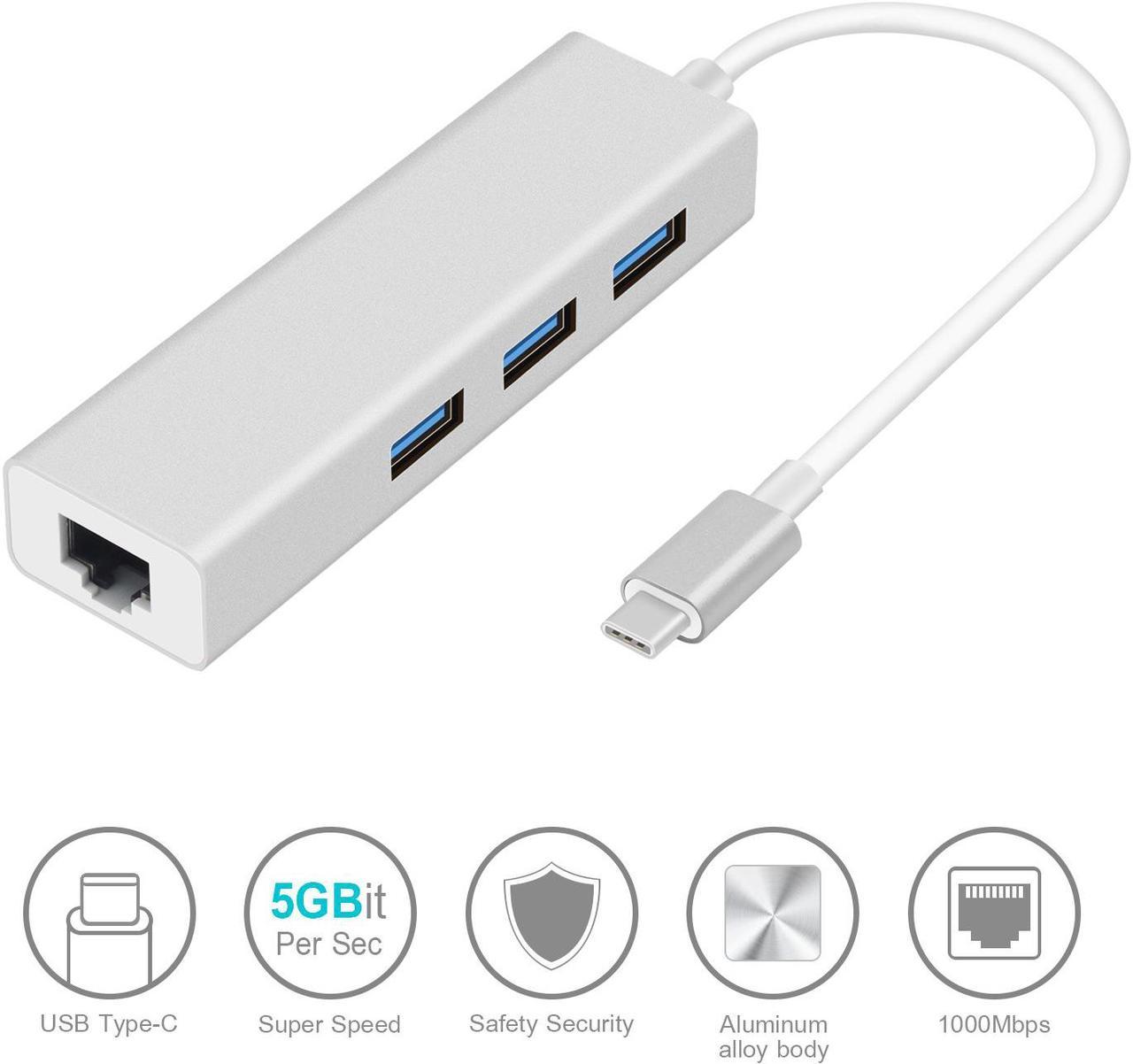 4 in 1 USB C HUB with Gigabit RJ45 3 x USB 3.0 HUB, Type-C Transfer Cable 3 USB3.0 Ports HUB 1000Mbps Free Drive Network Card, Type-C to 1000M LAN 3 x USB 3.0 Dongle.