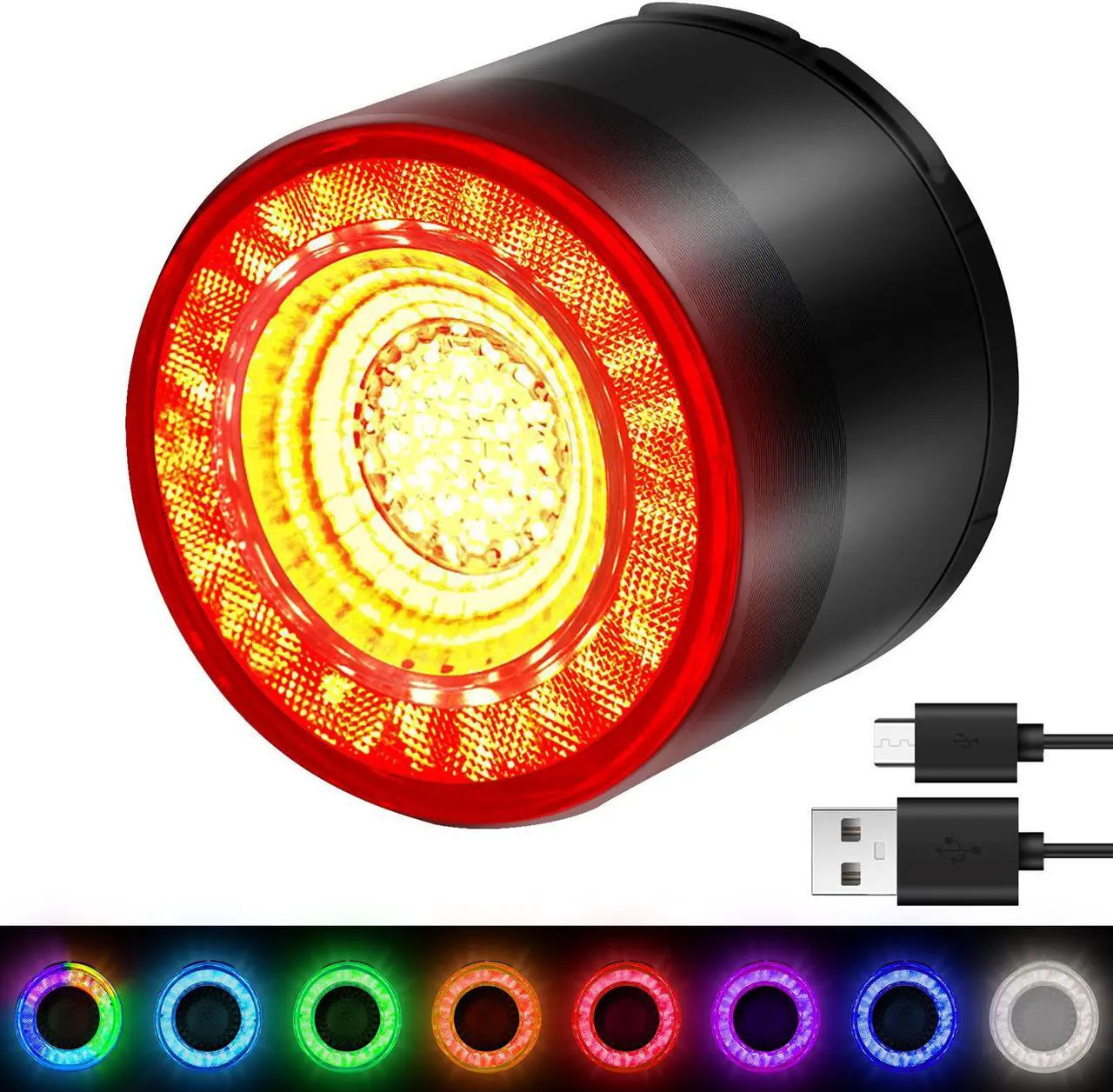 Main image of GREENCYCLE Colorful Bike Tail Light, USB Rechargeable Bike Brake Light, Brake Sensing Rear Lights, 15 Light Modes 7 Colors Waterproof Cycling Safety Light for Adults Kids Road Mountain