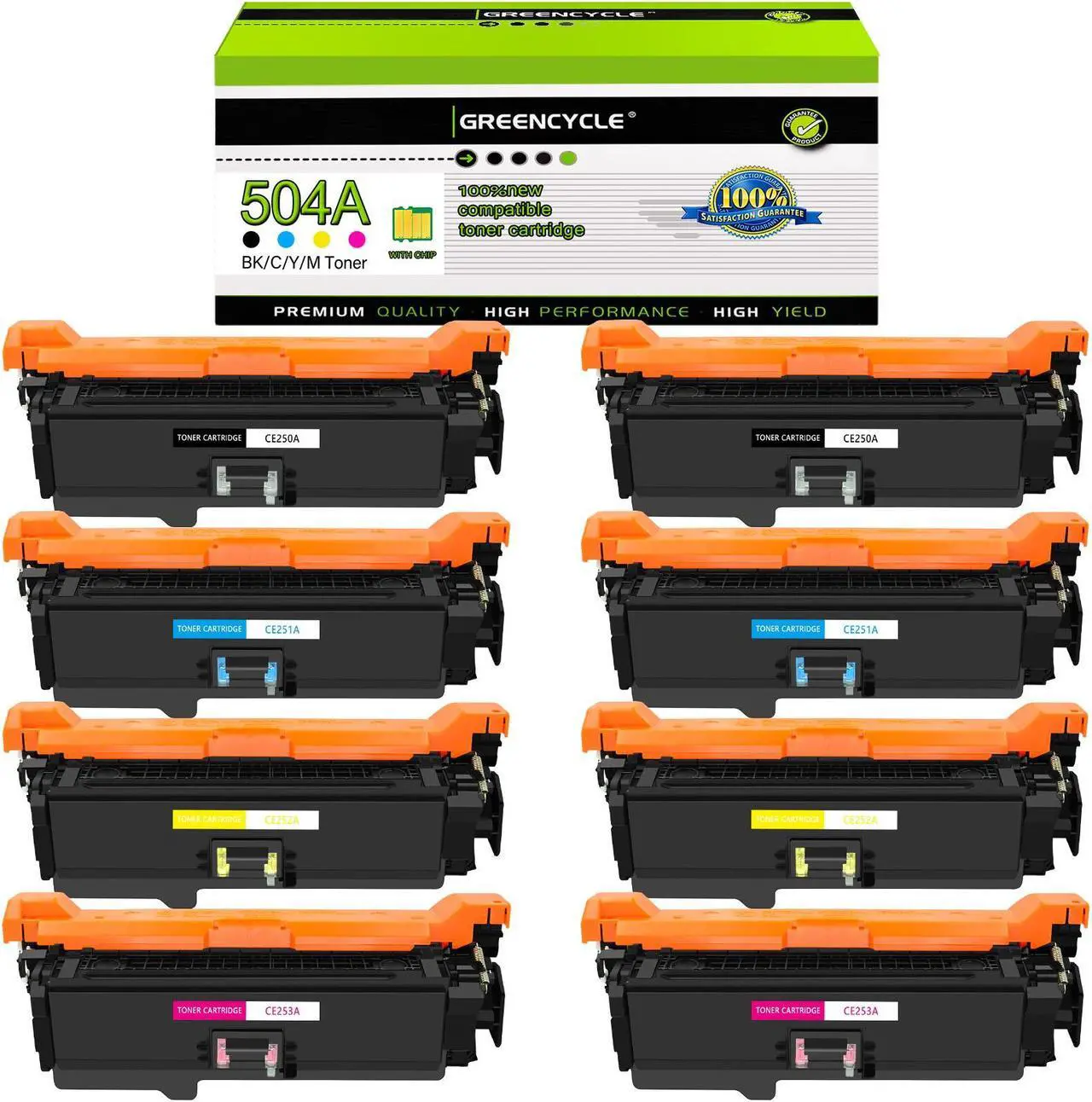 Main image of greencycle Toner Cartridge Compatible for HP 504A CE250A CE251A CE252A CE253A Toner Works on Color Laser jet CP3525dn CM3530TS CP3525 CM3530 Printer (2 Black 2 Cyan 2 Yellow 2 Magenta)