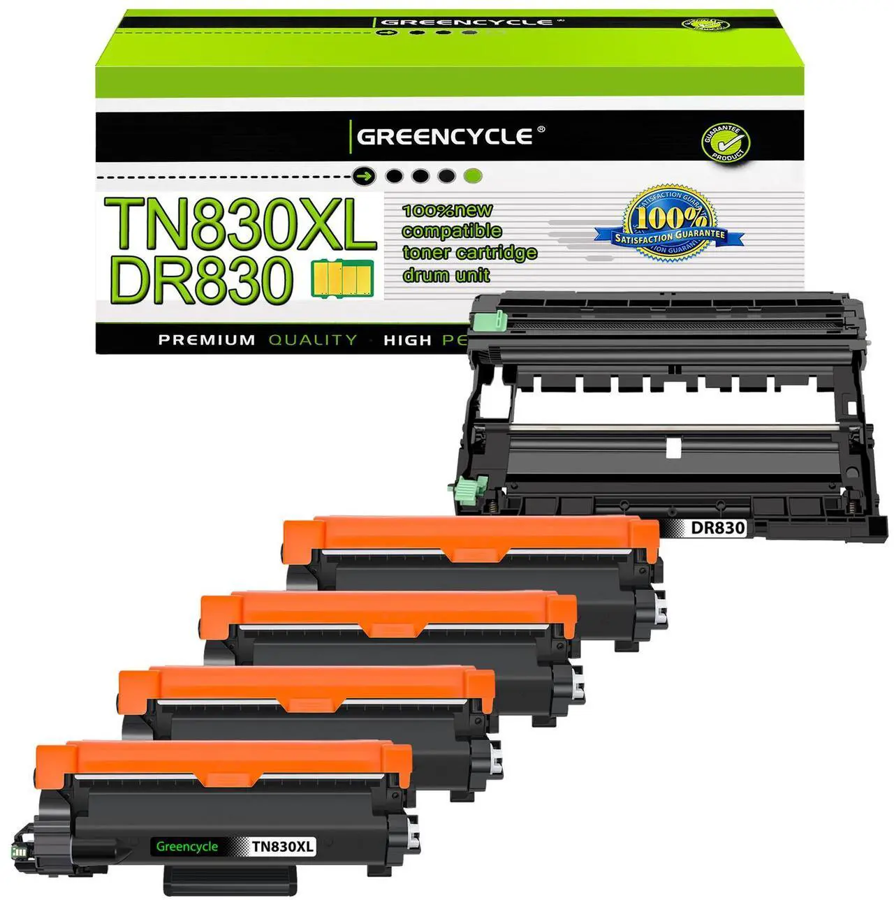Main image of greencycle TN830XL Black Toner Cartridge and DR830 Drum Set Compatible for Brother TN-830XL TN830 TN-830 DR-830 use HL-L2460DW L2400D L2480DW L2405W MFC-L2820DW DCP-L2640DW Printer (4 Toner 1 Drum)