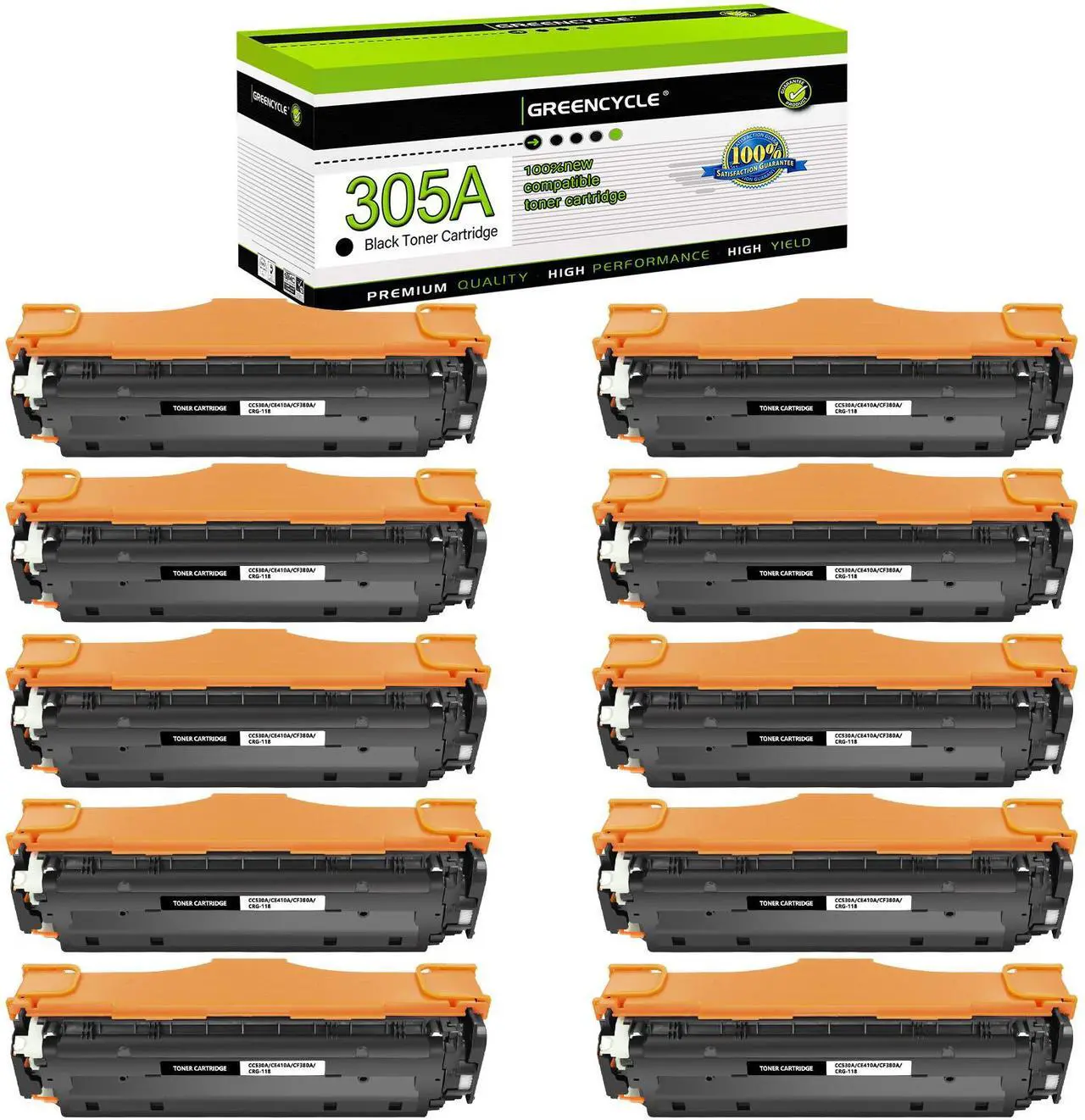 Main image of greencycle 10 Pack 305A Black Toner Cartridge Compatible for HP 305A CE410A Toner Works on Laser jet Pro 400 Color M451nw M451dw M451dn MFP M475dn M475dw M375nw Printer