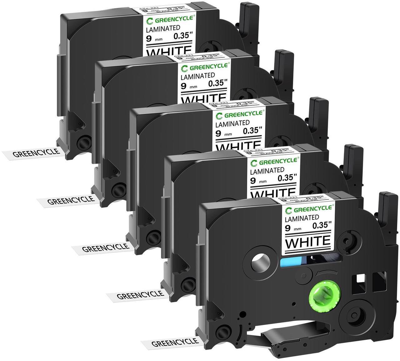 Main image of GREENCYCLE 5 Pack Compatible for Brother TZe-221 TZ-221 9mm 0.35" Laminated White Label Maker Tape Ptouch TZe221 TZ221 TZe TZ Label Tape for PT-D400AD PT-D410BT PT-D600 PT-D610BT PT-P710BT